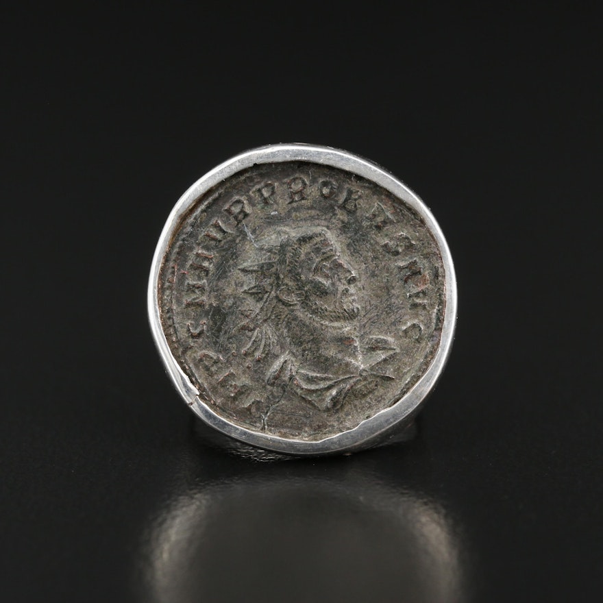 950 Silver Ring with Circa 276 A.D. Antoninianus Coin of Probus
