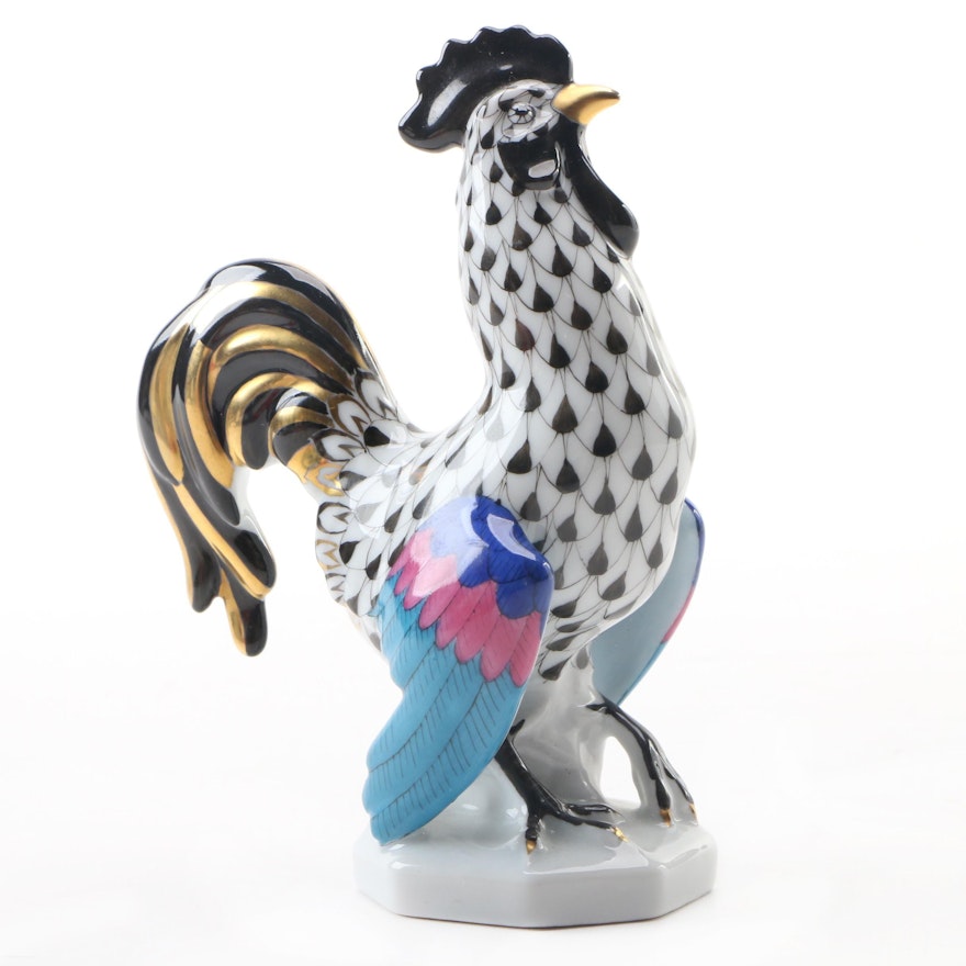 Herend Black Fishnet with Gold "Cocky Rooster" Porcelain Figurine, June 1995