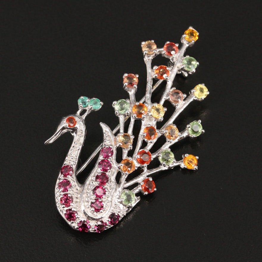 Sterling Silver Sapphire, Rhodolite Garnet and Emerald Peacock Brooch