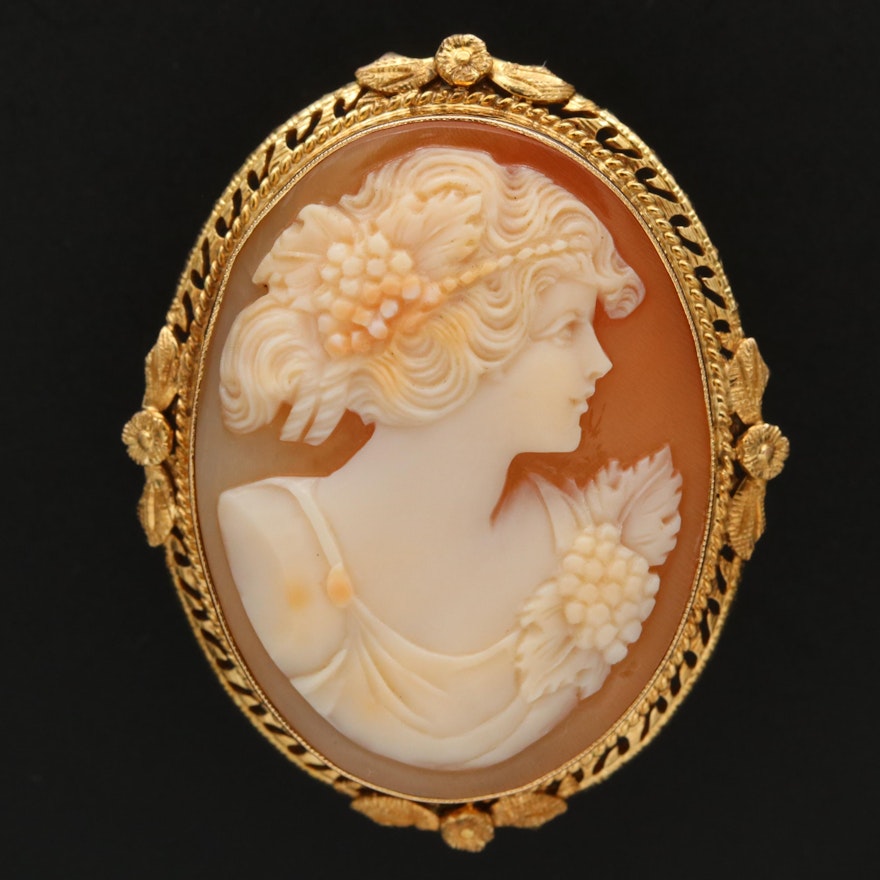 1930s 14K Shell Cameo Converter Brooch