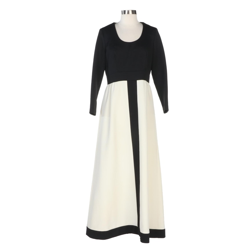 Alison Ayres Black and Off-White Color Block Maxi Dress, Late 1960s Vintage