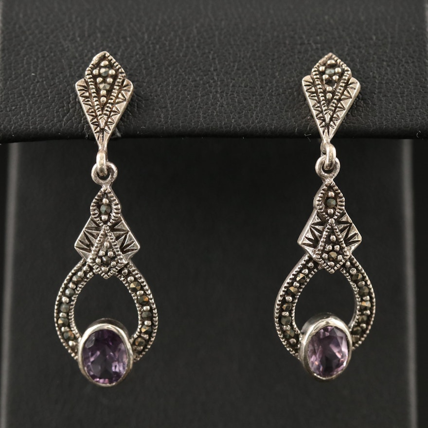 Sterling Amethyst and Marcasite Drop Earrings