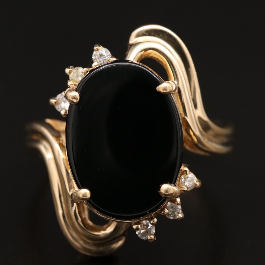 14K Black Onyx, Diamond and Cubic Zirconia Bypass Ring