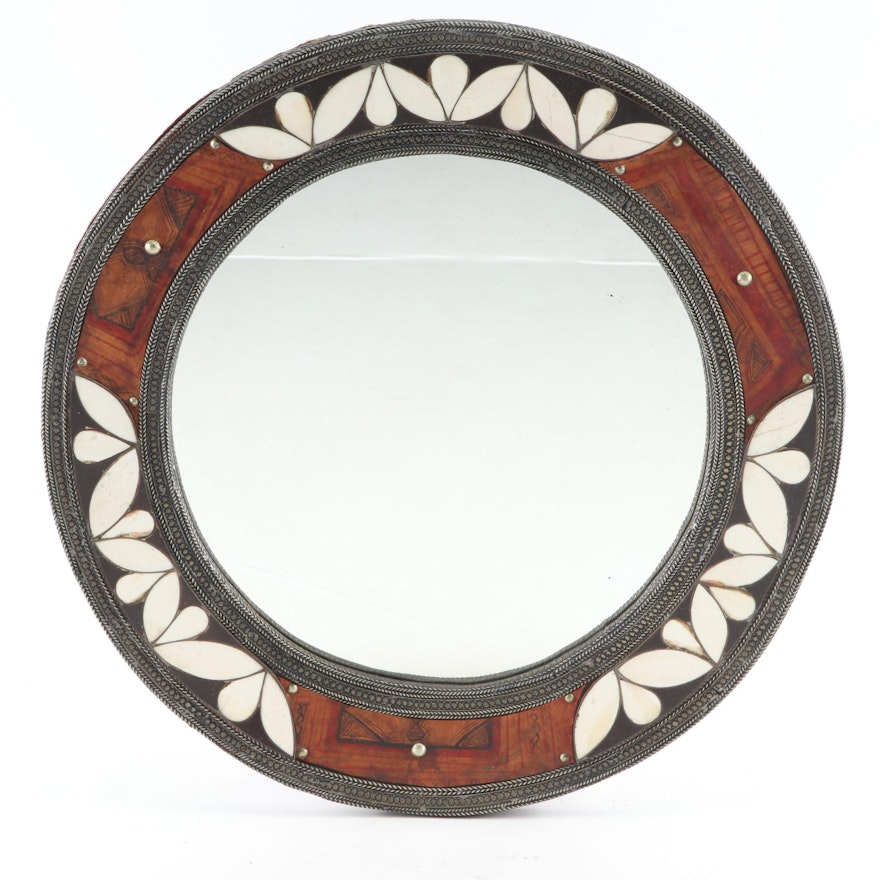 Moroccan Bone, Wood, and Painted Leather Round Wall Mirror
