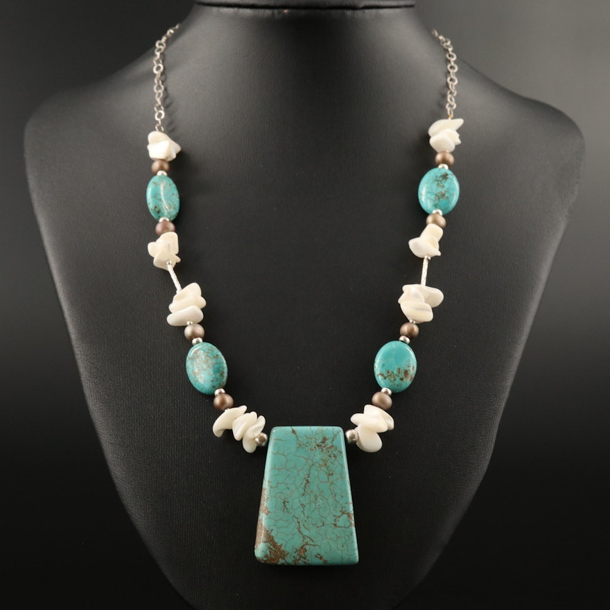 Sterling Magnesite and Mother of Pearl Beaded Necklace