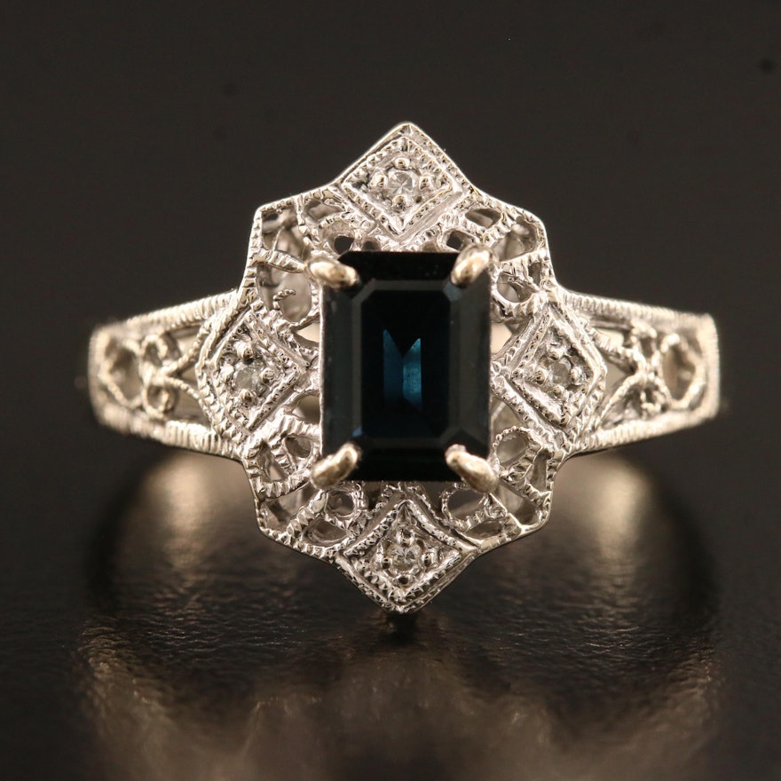 14K Openwork Sapphire and Diamond Ring with Milgrain Detail