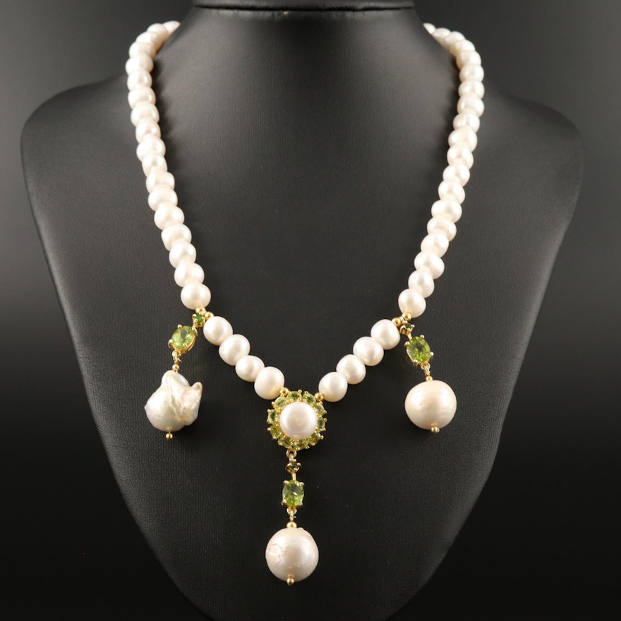 Sterling Silver Pearl and Peridot Dangle Necklace