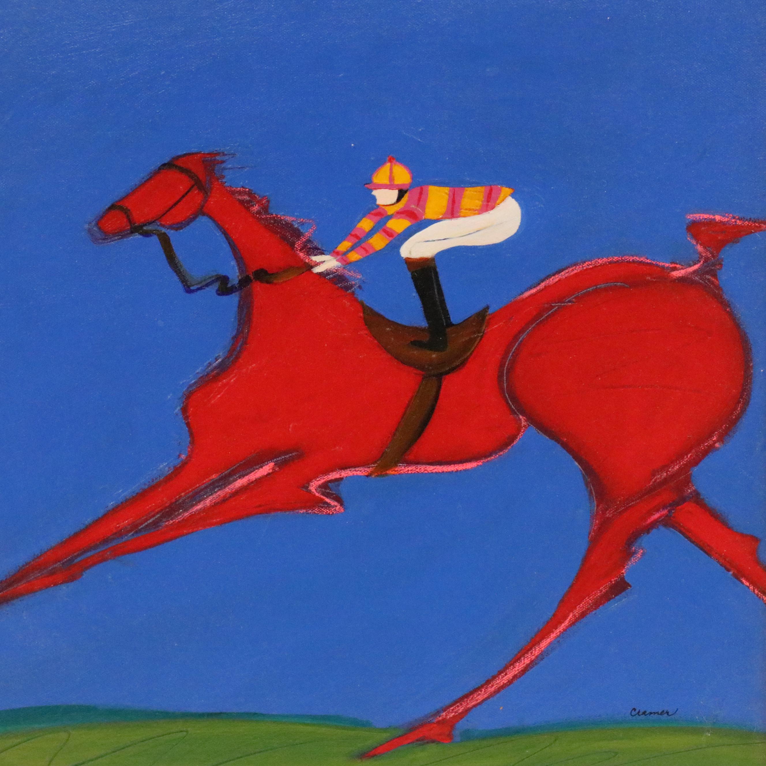 Patti Cramer Acrylic Painting of Horse and Jockey "Red Rider"