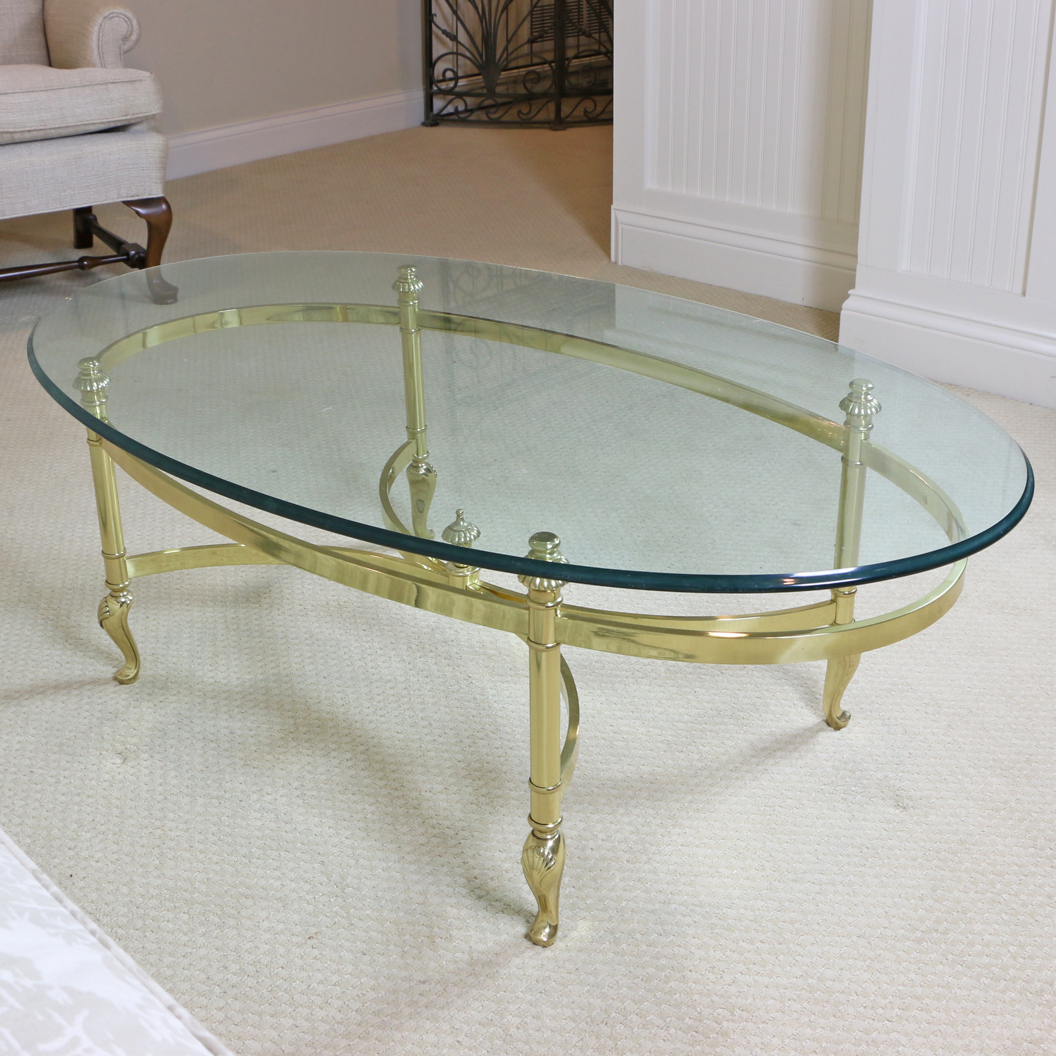 Ethan Allen Regency Style Brass and Glass Oval Coffee Table
