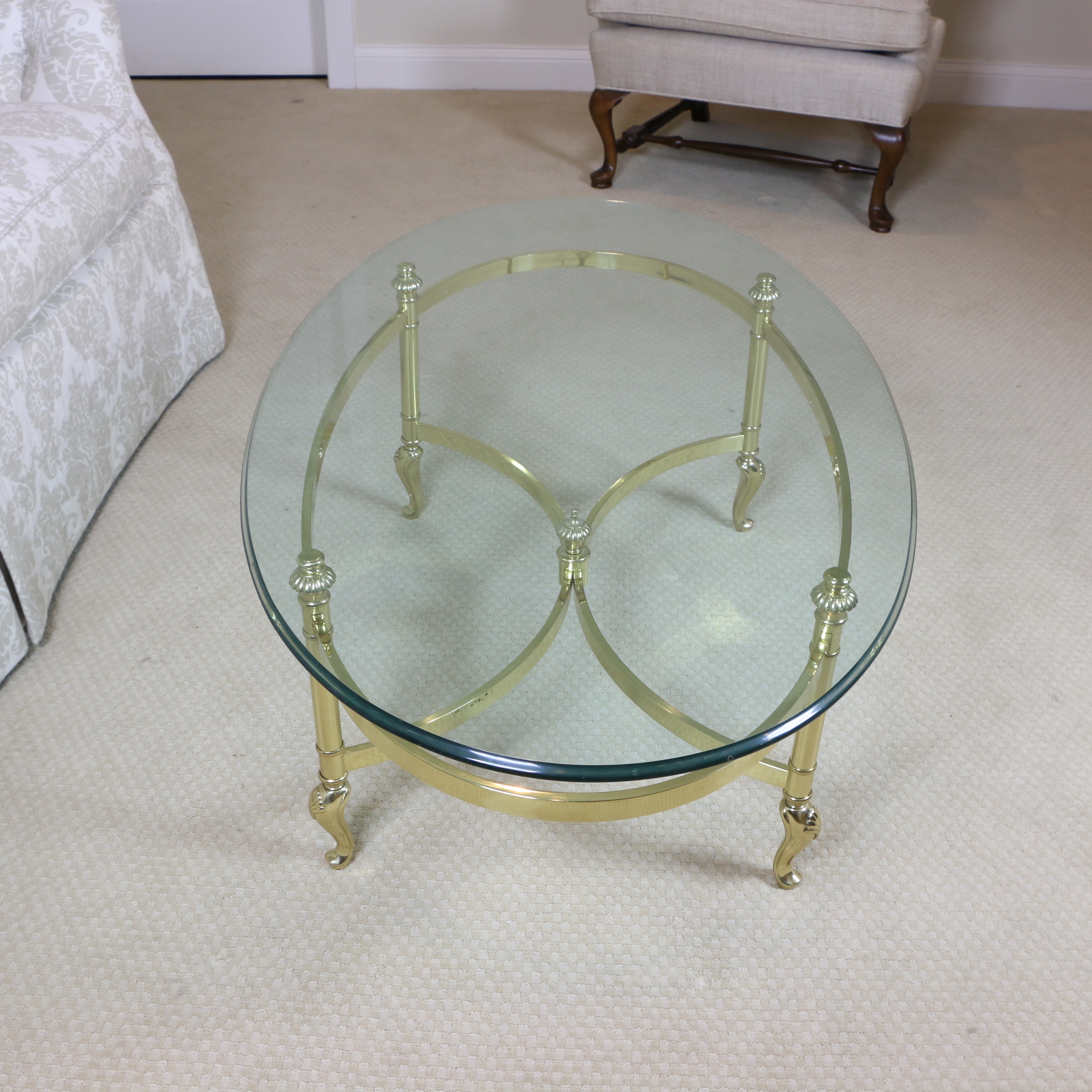 Ethan Allen Regency Style Brass and Glass Oval Coffee Table