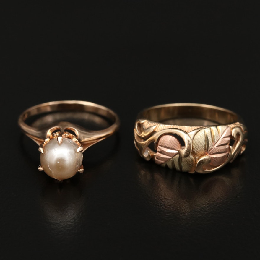 10K Tri Color Foliate Ring with Vintage 10K Pearl Solitaire Ring