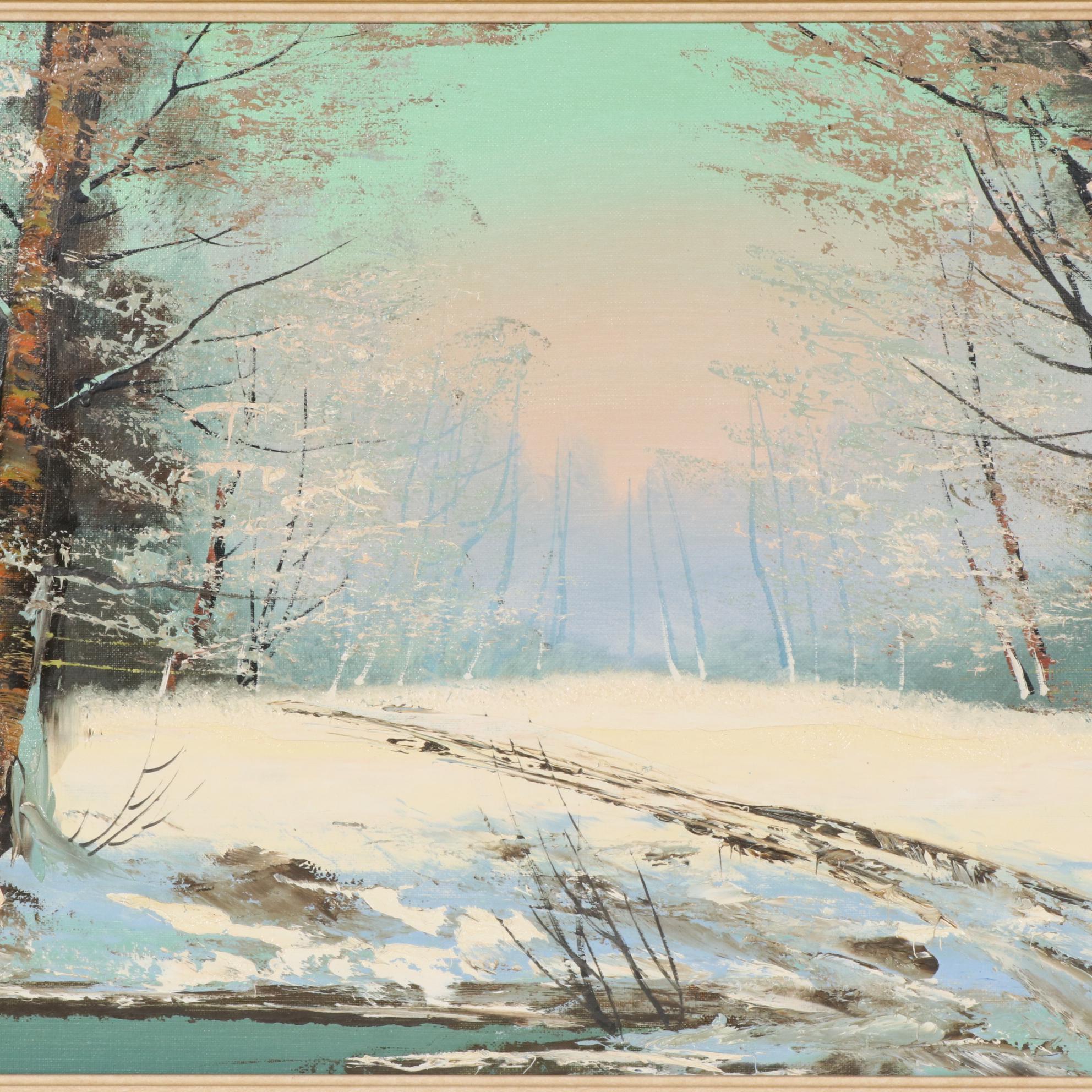 Josef Lehner Oil Painting of Winter Forest Interior, Mid to Late 20th Century