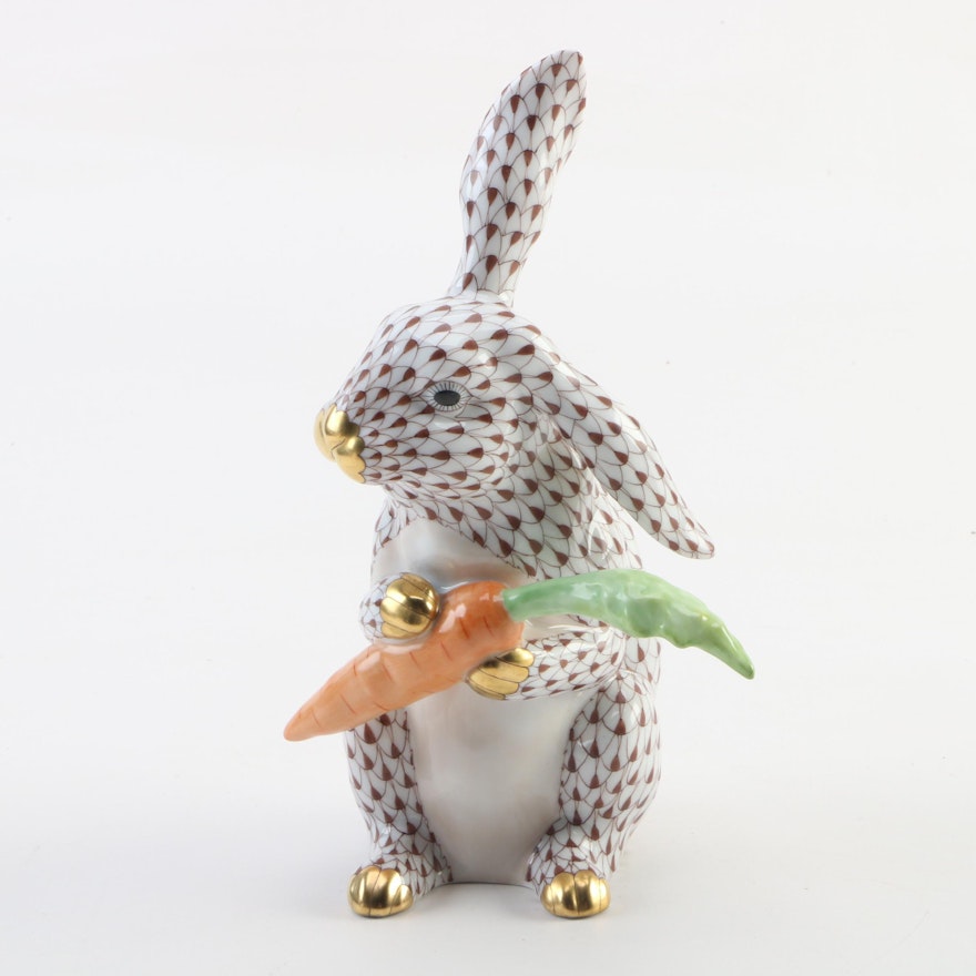 Herend Chocolate Fishnet with Gold "Large Bunny with Carrot" Porcelain Figurine