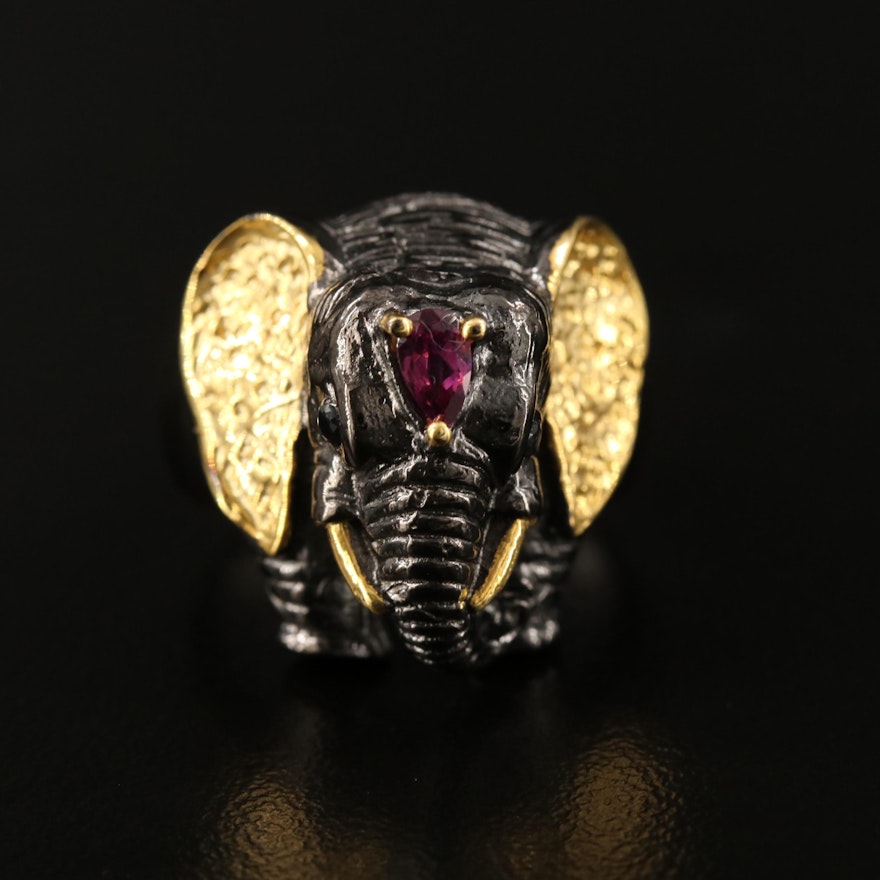 Sterling Silver Sapphire and Garnet Elephant Ring