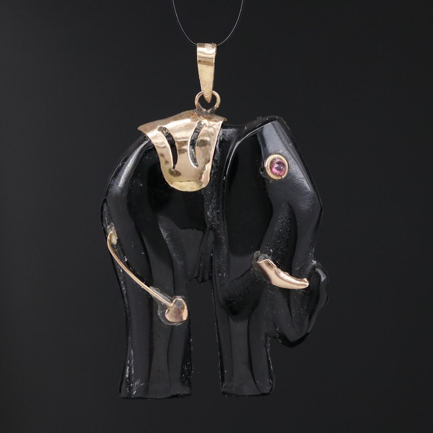 14K Carved Elephant with Ruby Accent