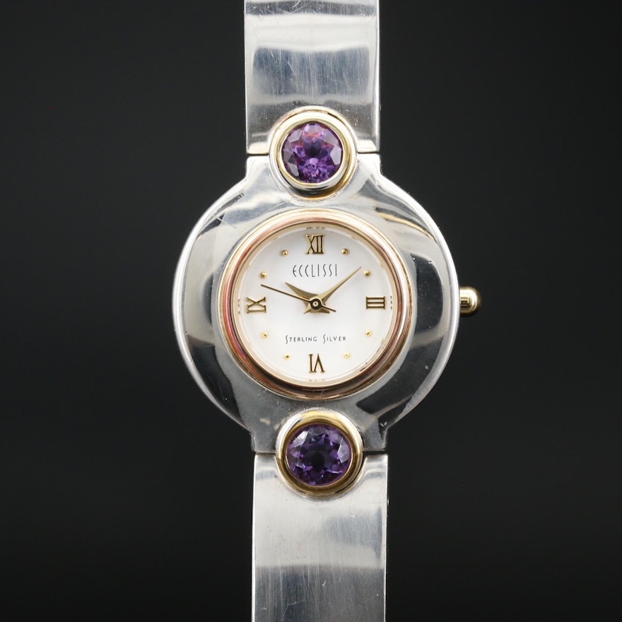 Ecclissi Amethyst, Sterling Silver and Stainless Steel Quartz Wristwatch