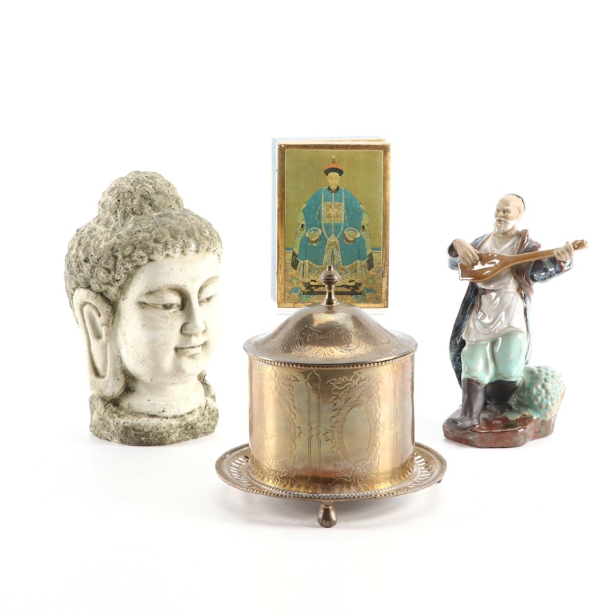 Asian Ceramic and Resin Buddha Figurals, Wooden Gilt Box and Copper Compote Bowl