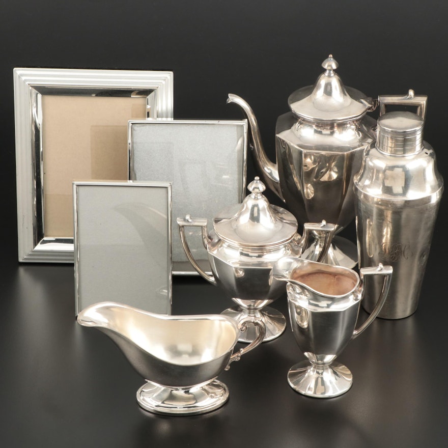 Silver Plate Coffee Set and Cocktail Shaker with Silver Tone Picture Frames