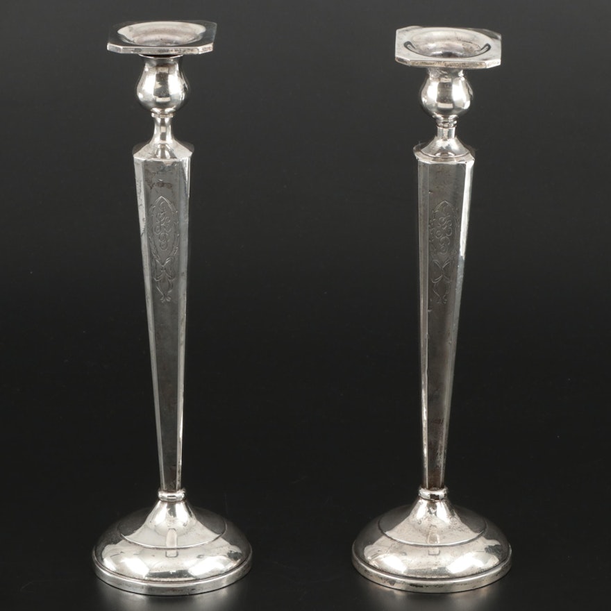 Sterling Silver Art Deco Style Candlesticks and Bobeches