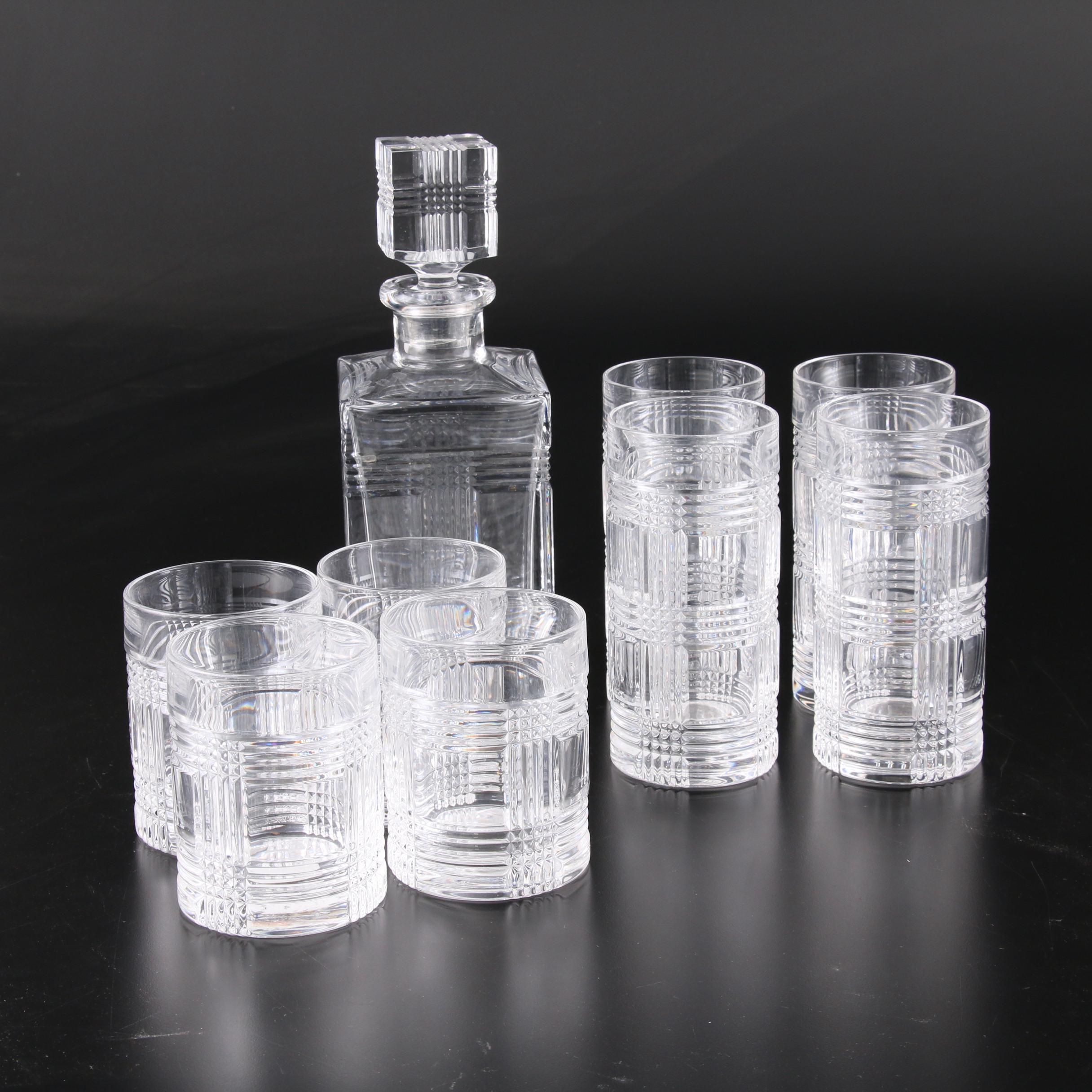 Ralph Lauren "Glen Plaid" Cut Glass Decanter, Old Fashioned and Highball Glasses