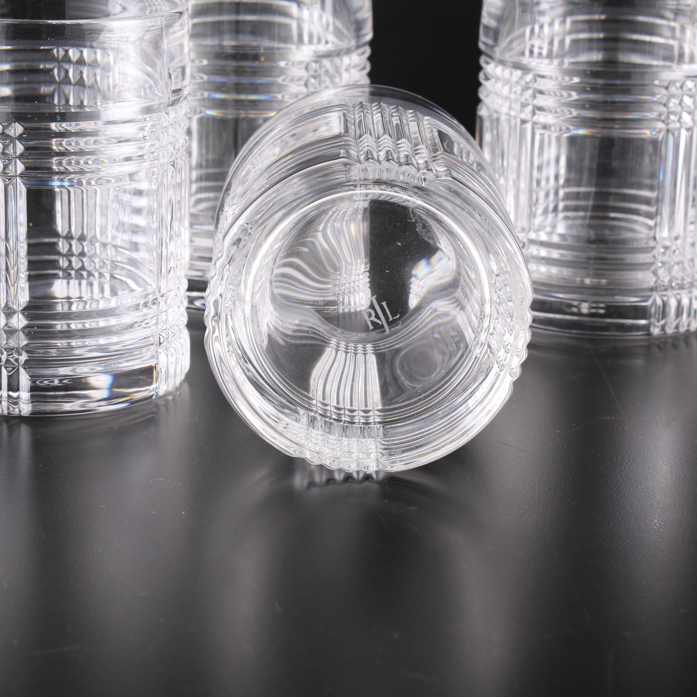 Ralph Lauren "Glen Plaid" Cut Glass Decanter, Old Fashioned and Highball Glasses