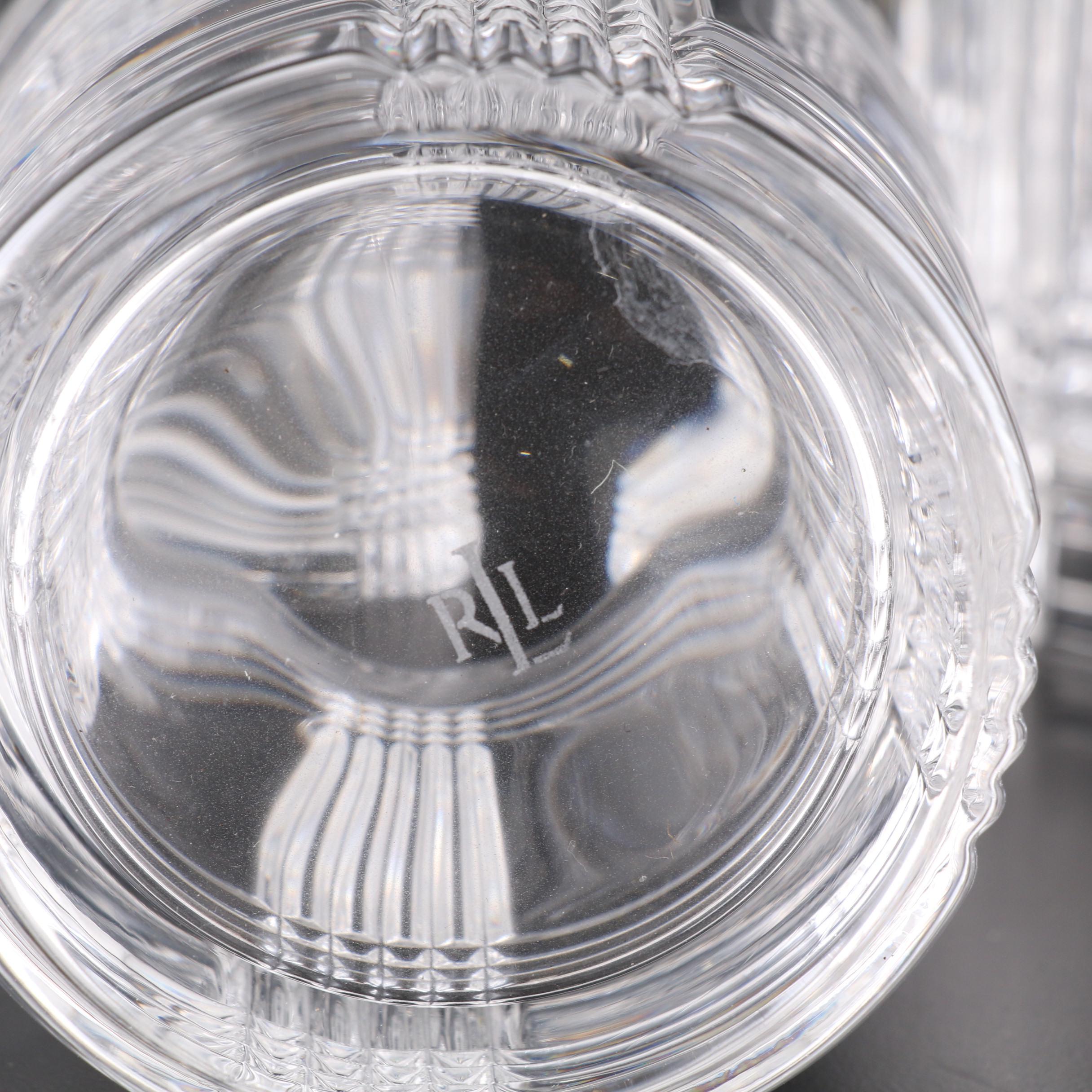 Ralph Lauren "Glen Plaid" Cut Glass Decanter, Old Fashioned and Highball Glasses