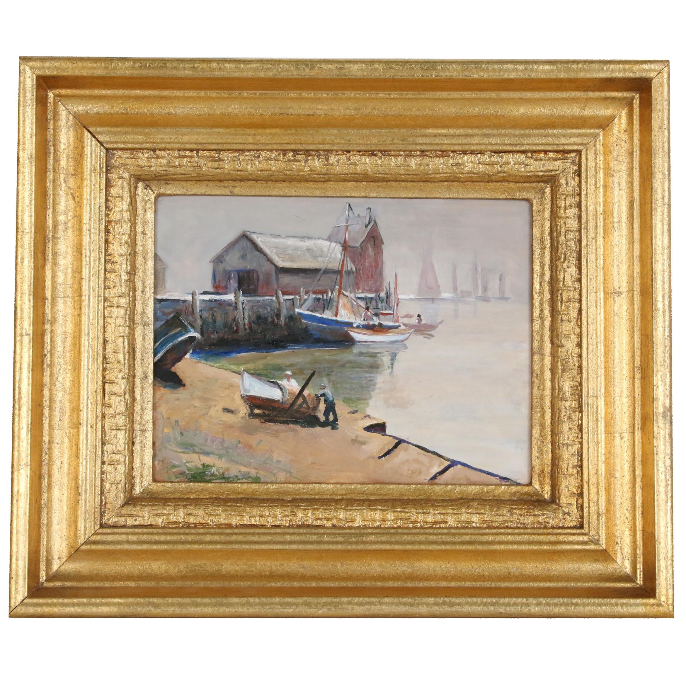 Harbor Scene Oil Painting of Boats at Wharf