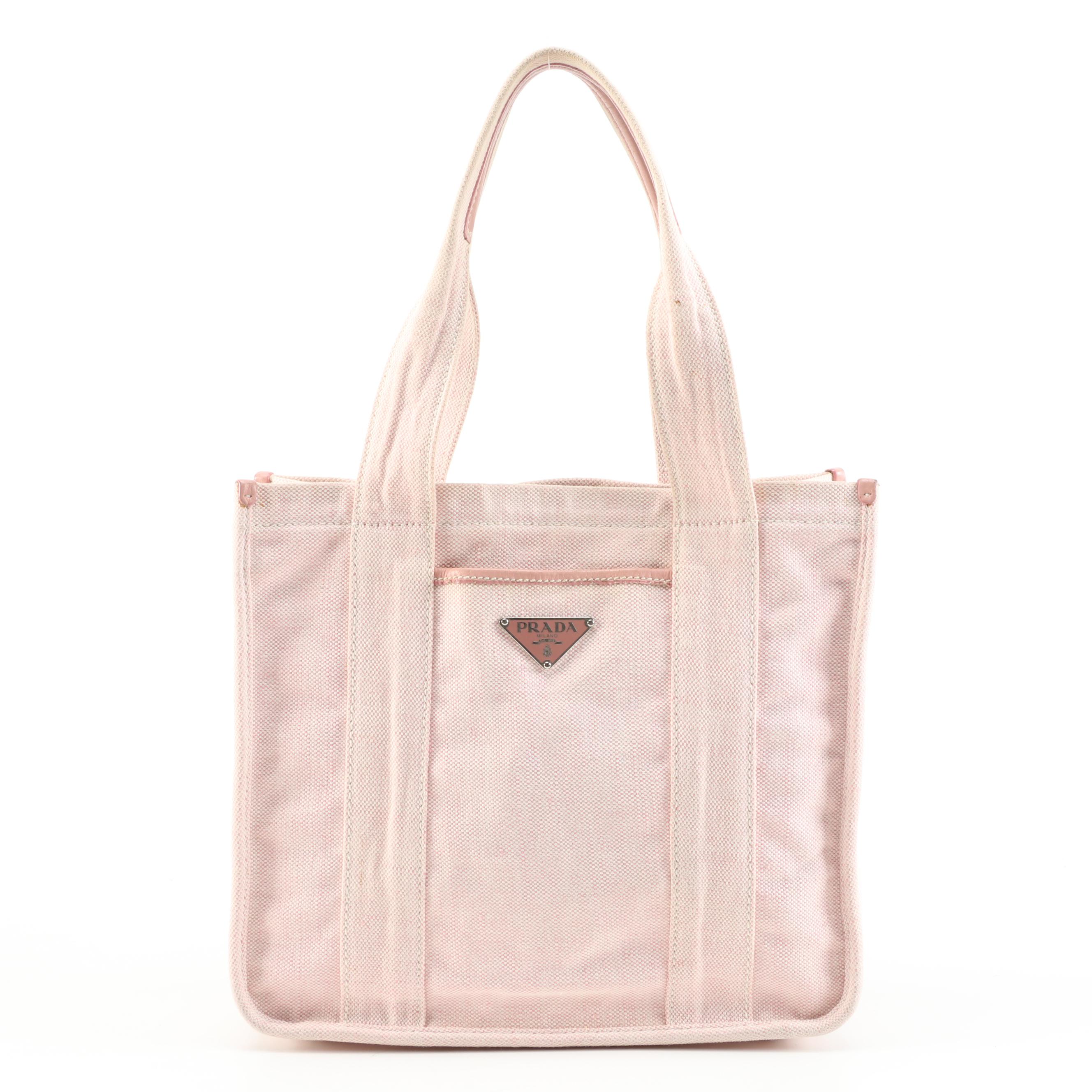 Prada Pink Misto Lino Canvas Shopping Tote with Leather Trim