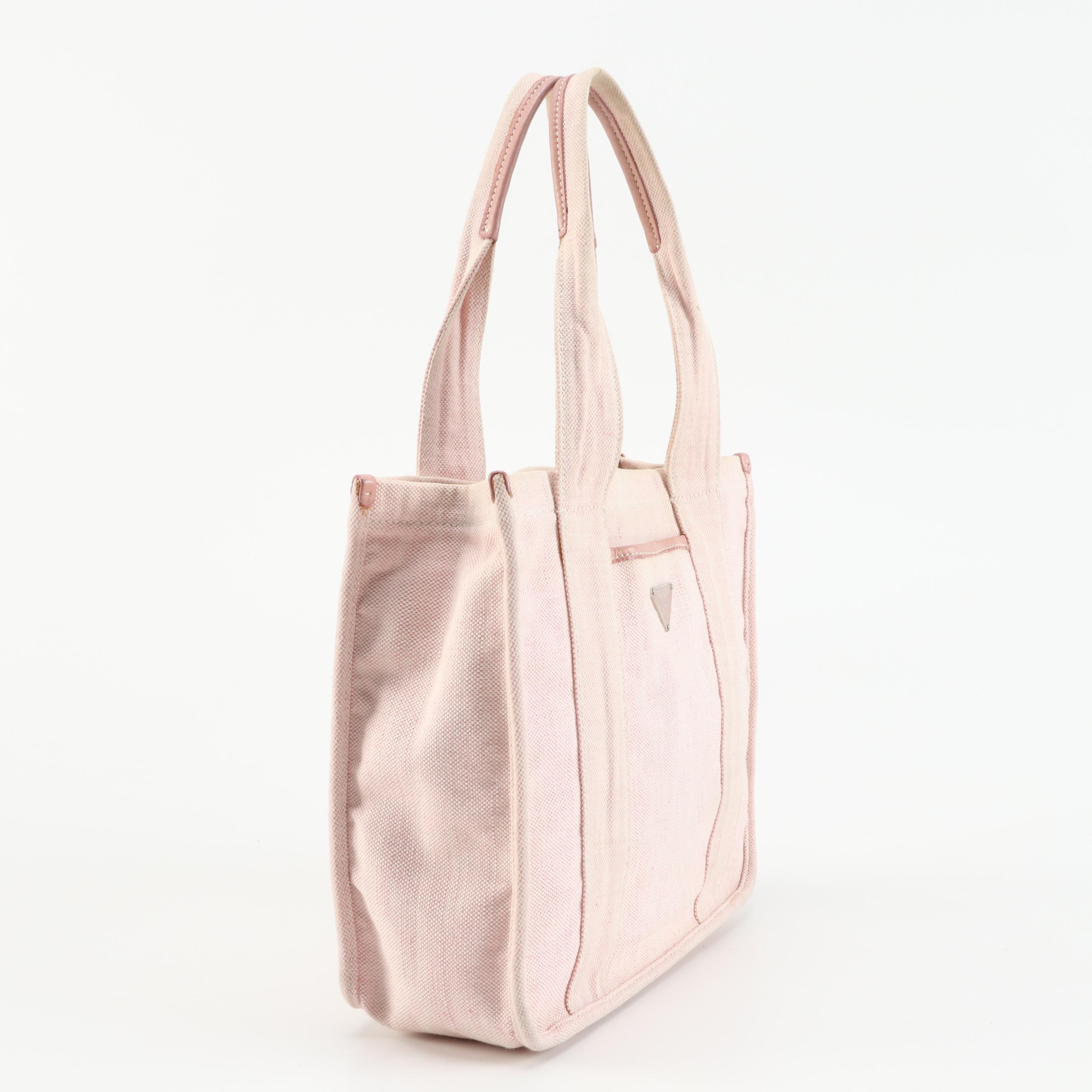 Prada Pink Misto Lino Canvas Shopping Tote with Leather Trim