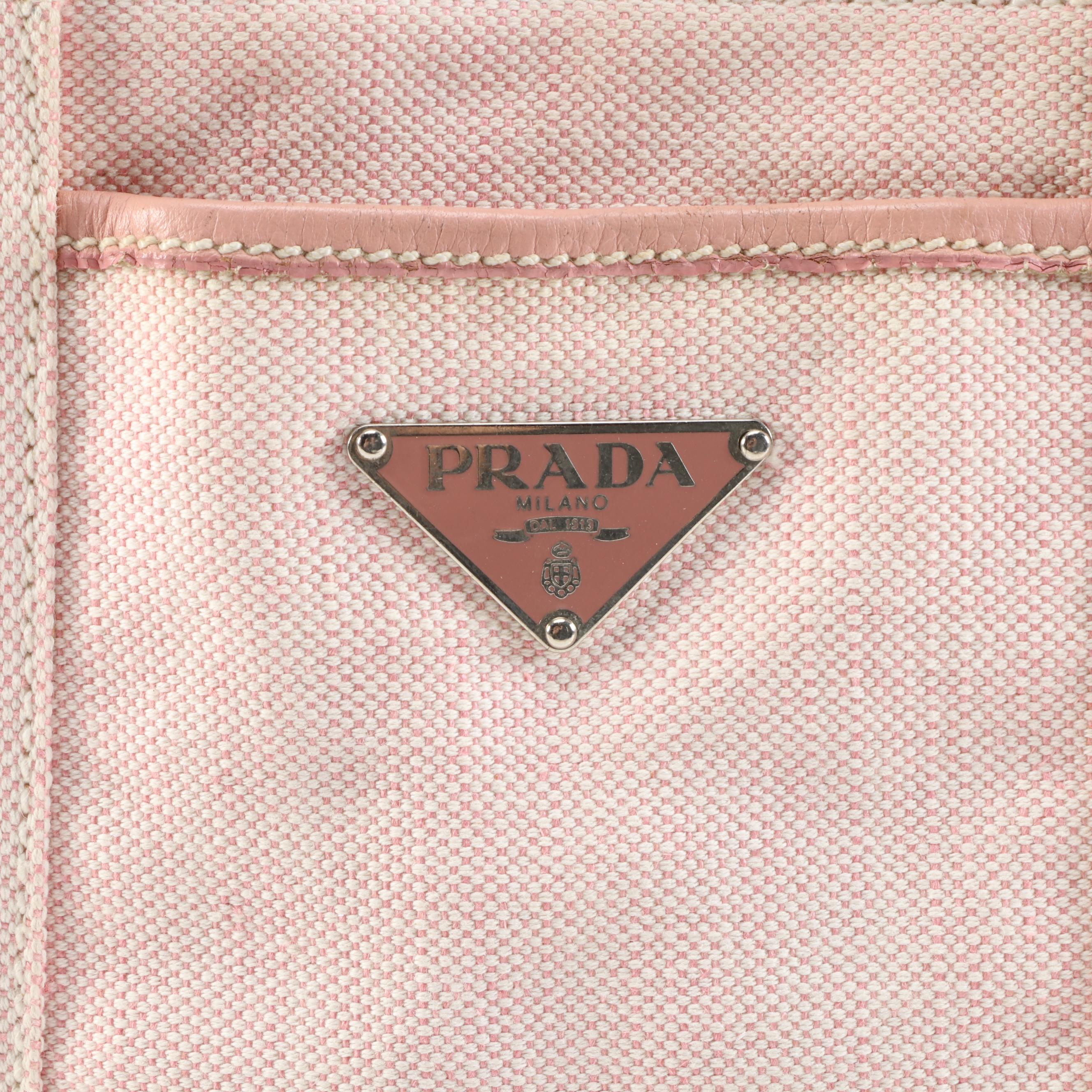 Prada Pink Misto Lino Canvas Shopping Tote with Leather Trim