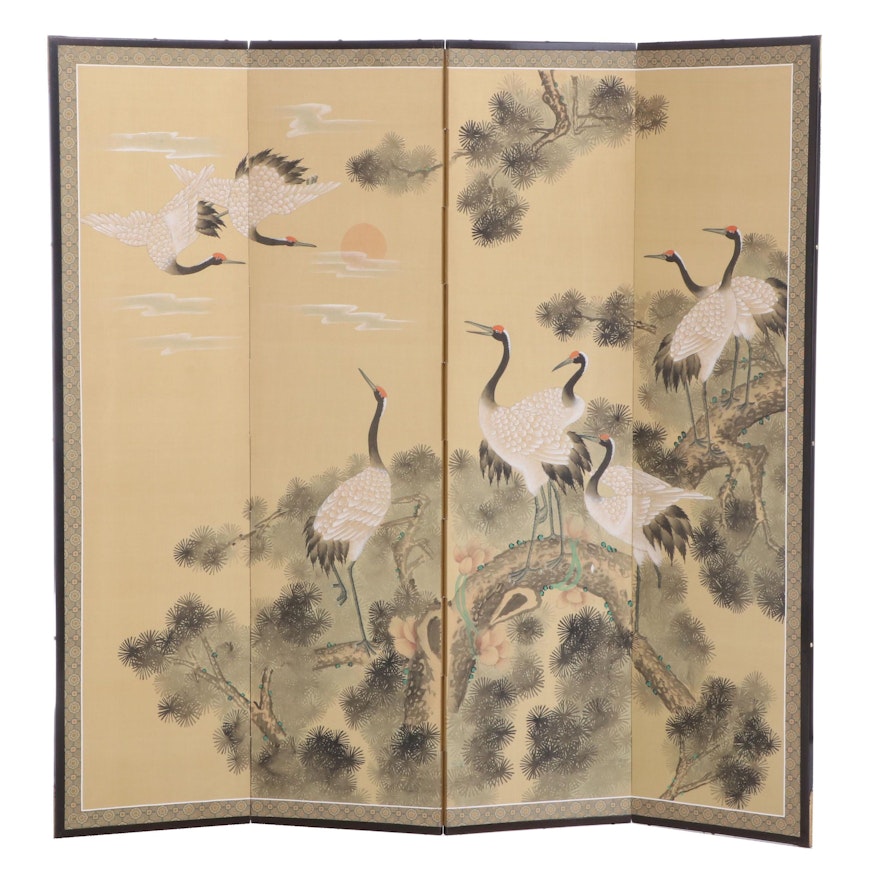 Japanese Red-Crowned Crane Hand Painted Folding Screen