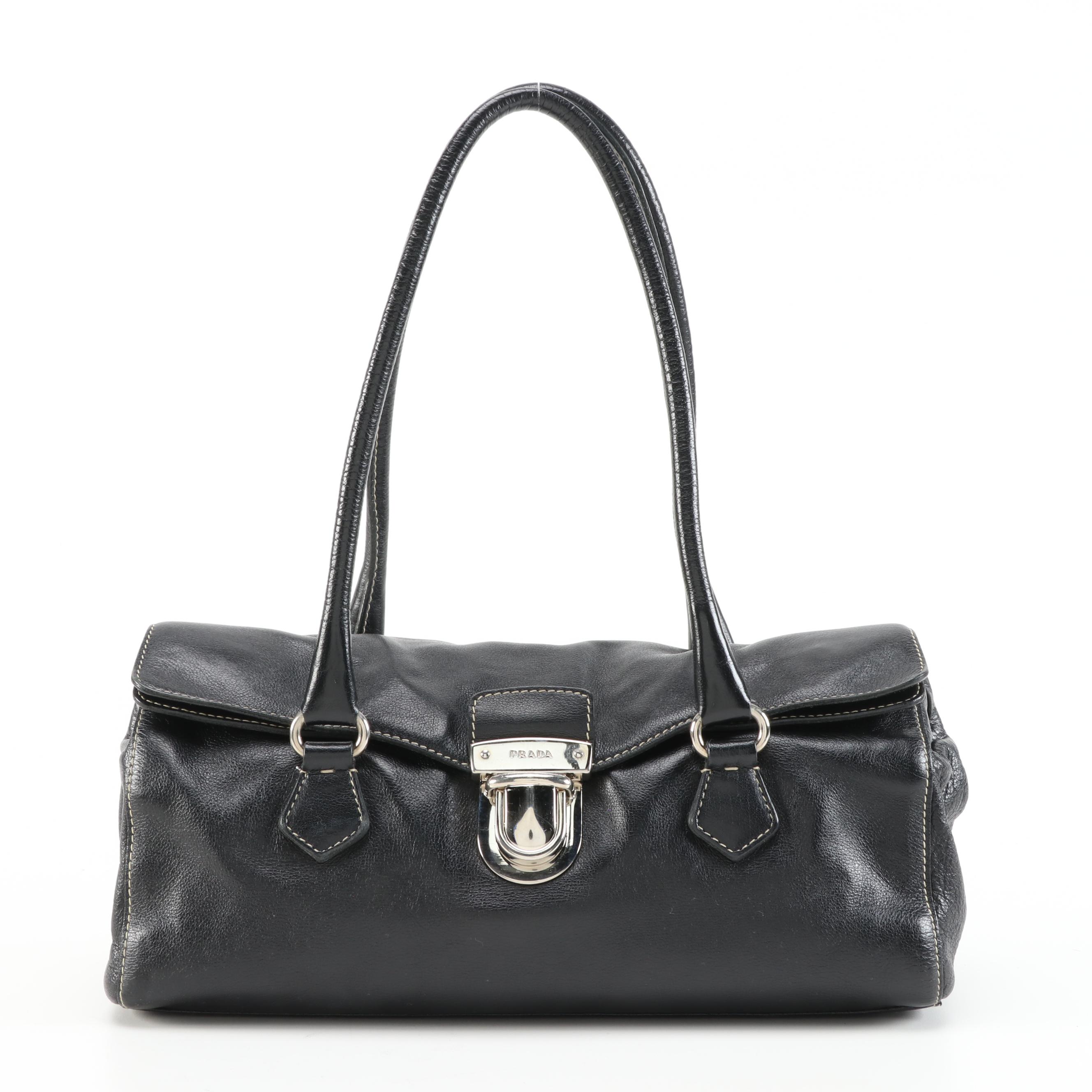 Prada Easy Satchel Bag in Nero Buffalo Leather with Contrast Stitching