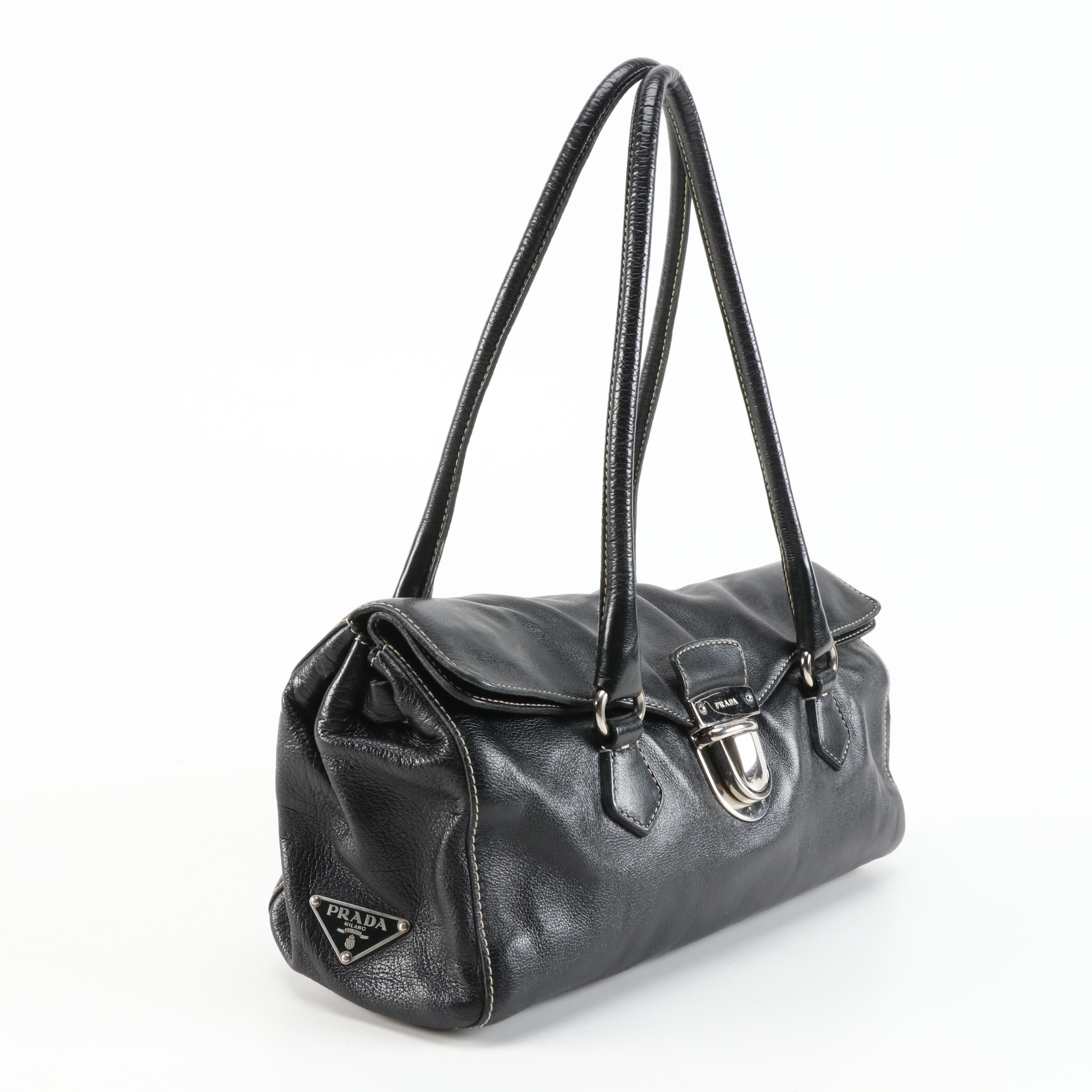 Prada Easy Satchel Bag in Nero Buffalo Leather with Contrast Stitching