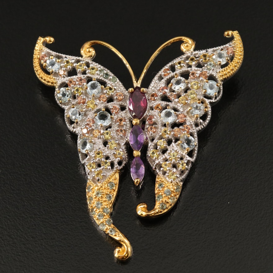 Sterling Butterfly Brooch Including Garnet, Amethyst and Aquamarine