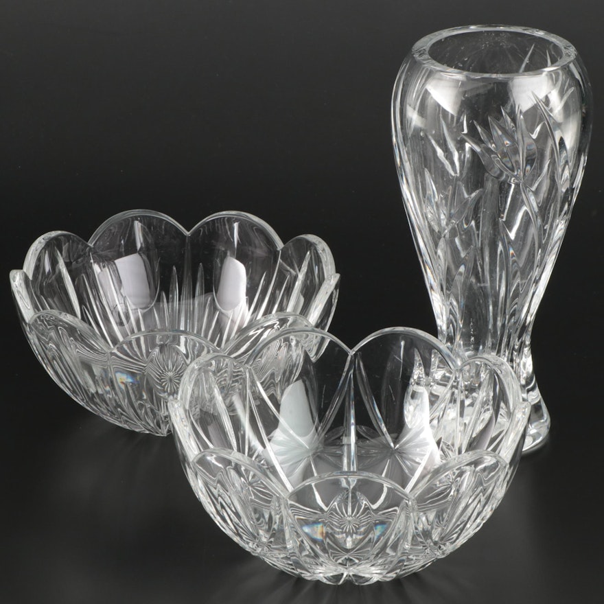 Crystal Tulip Vase and Scalloped Serving Bowls, 21st Century