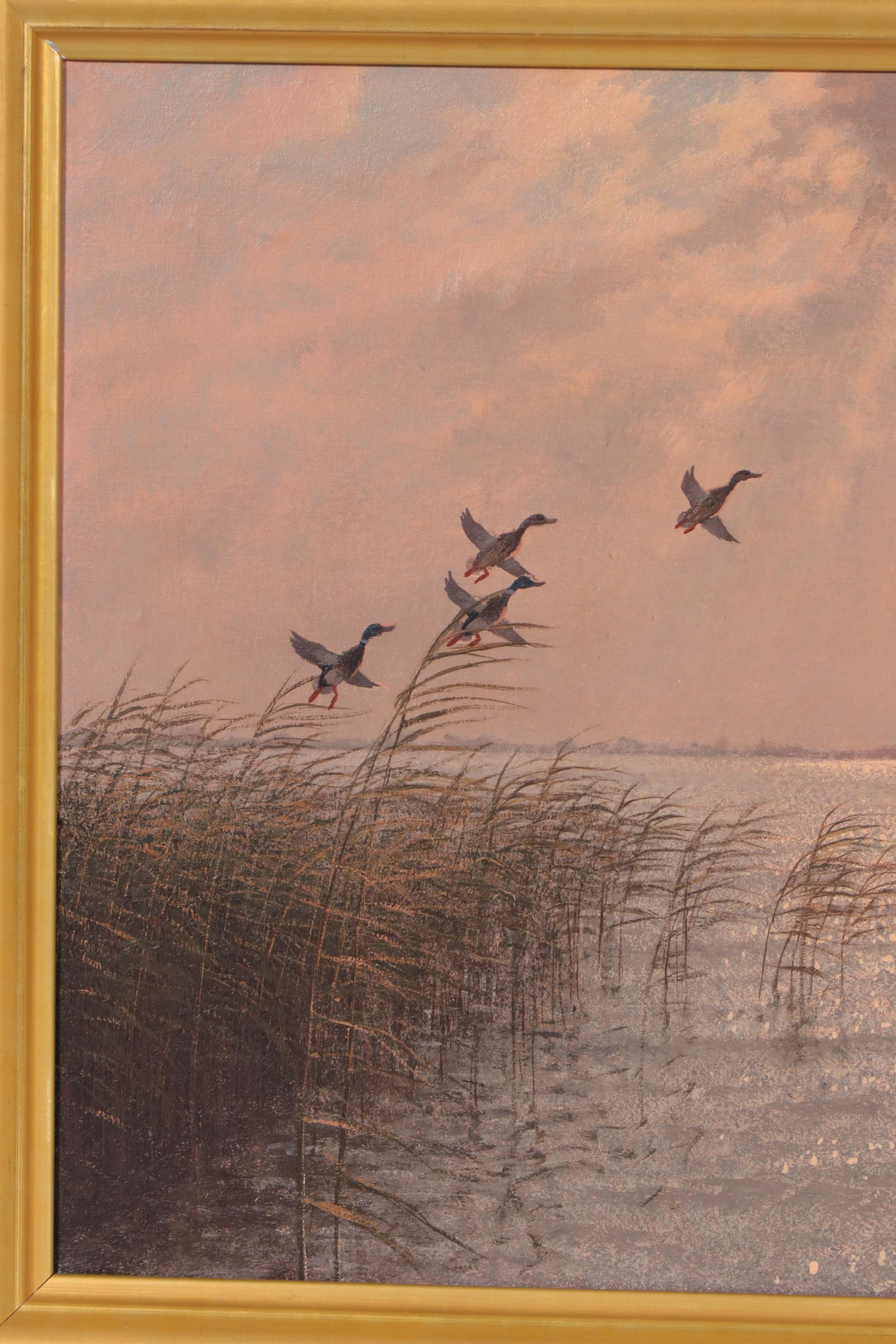 J. L. Van Der Meide Oil Painting of Marsh Landscape with Ducks