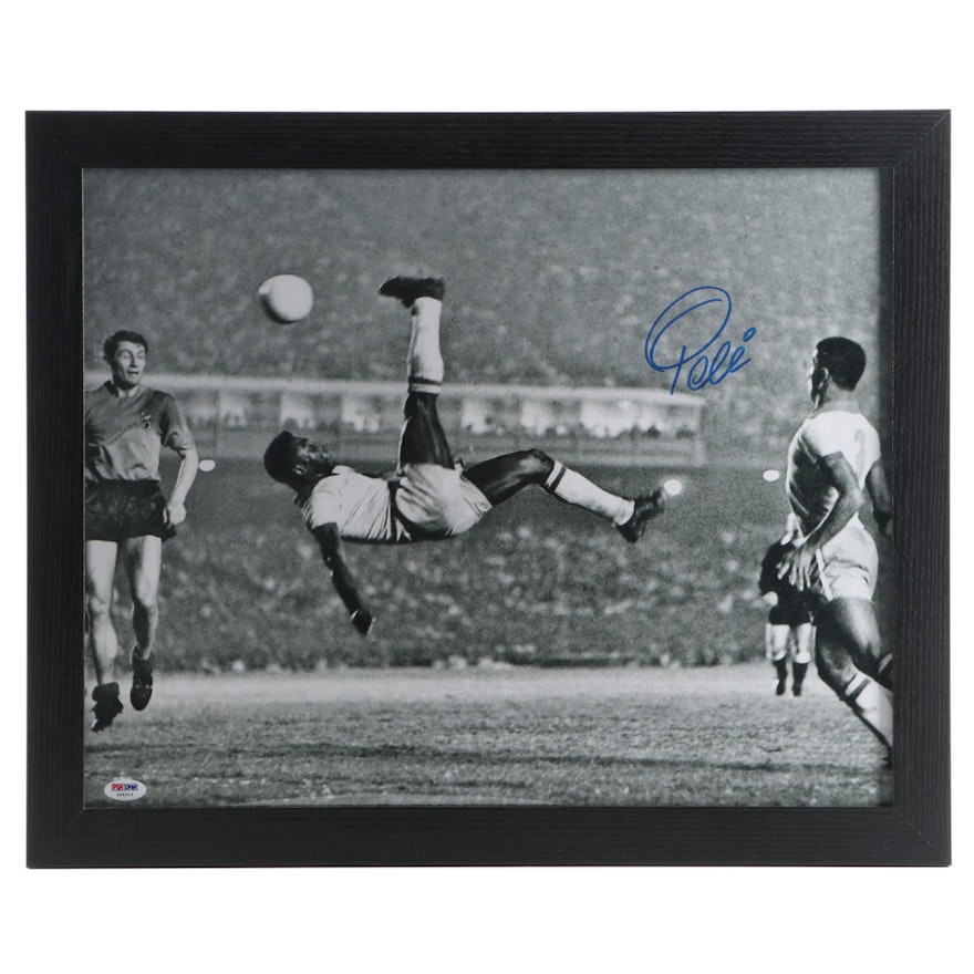 Pelé Signed "Famous Bicycle Kick" Enlarged Framed Photo Print, PSA/DNA COA