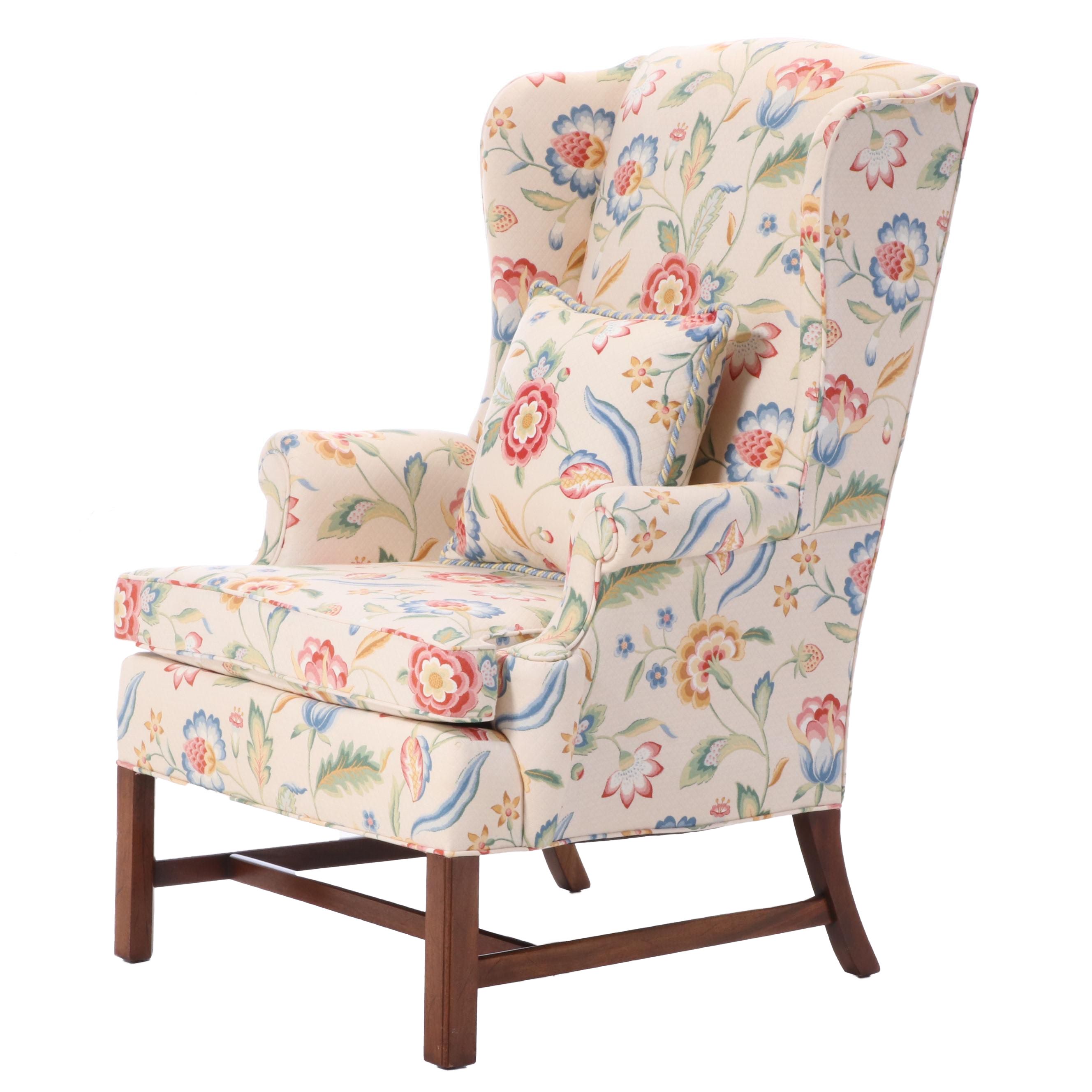 Hickory Chair Chippendale Style Floral-Upholstered Mahogany Wingback Armchair