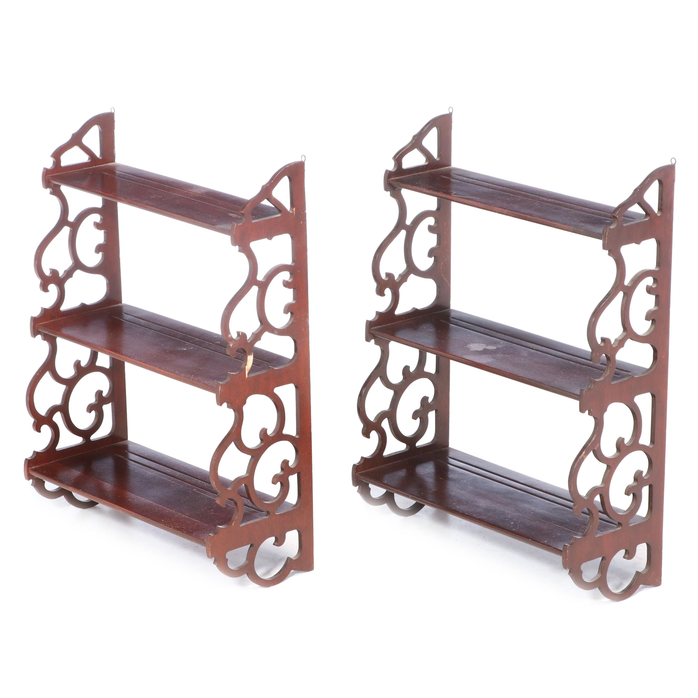 Pair of Mahogany Finish Scrolled Wood Wall Shelve with Plate Grooves