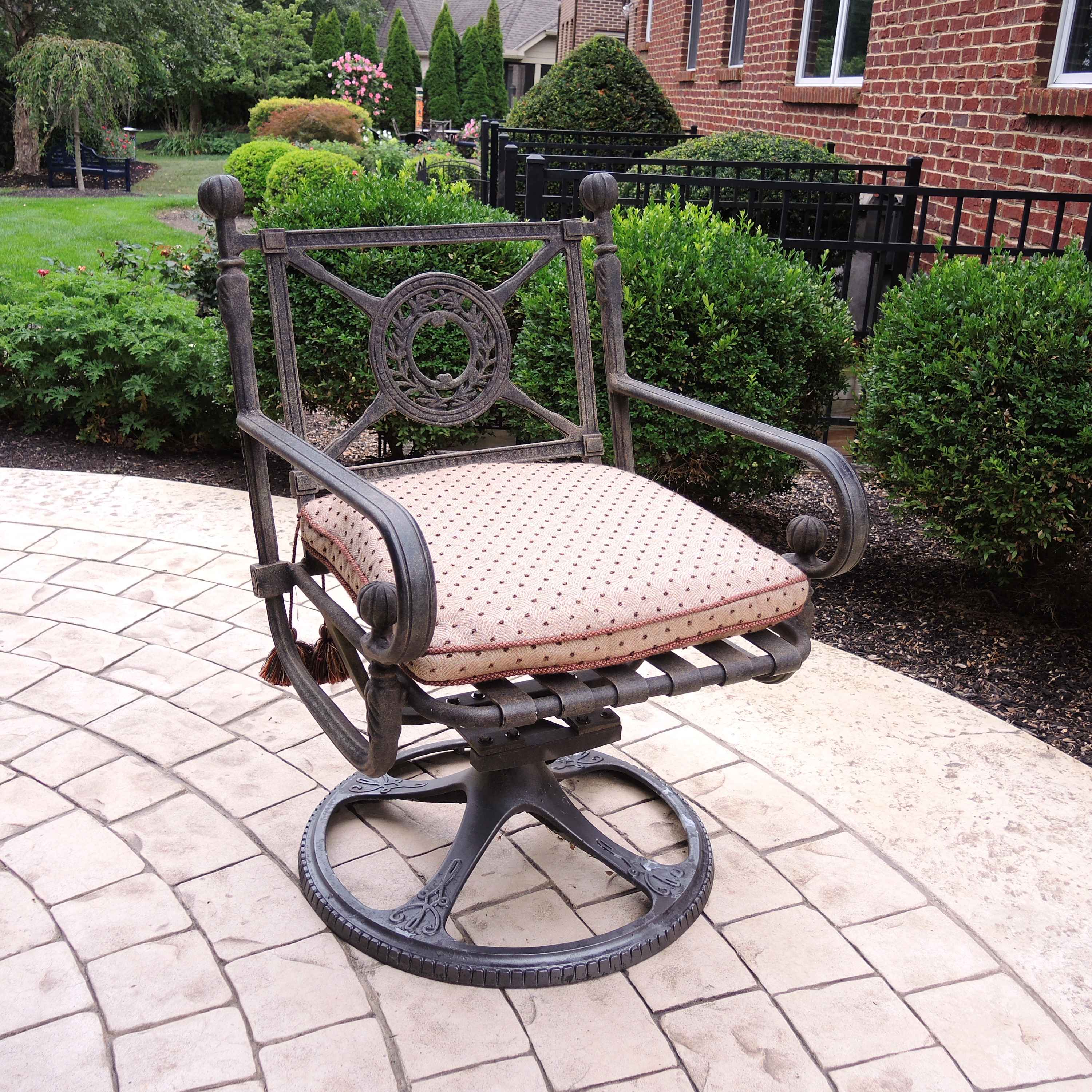 Landgrave Cast Classics Patio Dining Set with Cushions and Sunbrella Umbrella