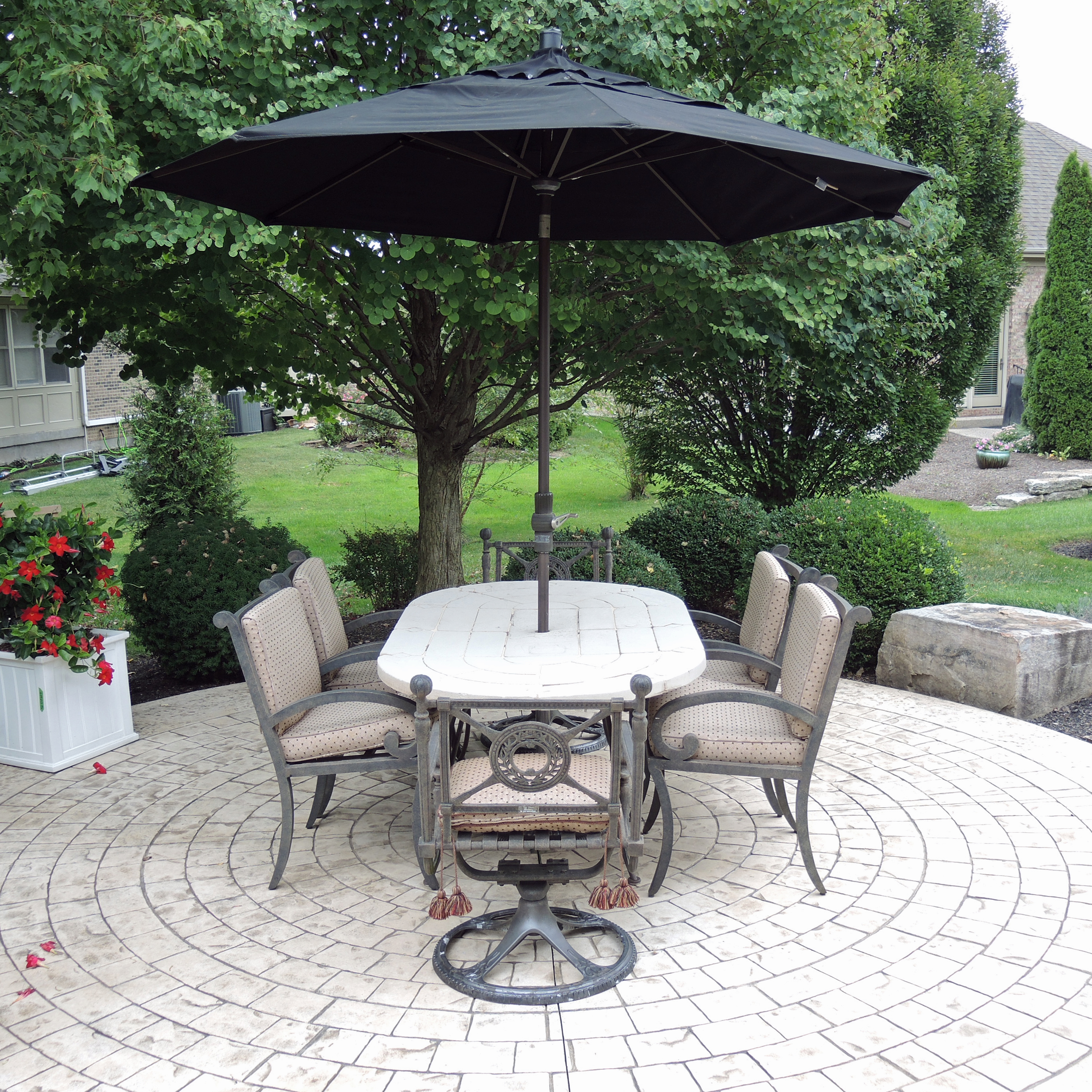 Landgrave Cast Classics Patio Dining Set with Cushions and Sunbrella Umbrella