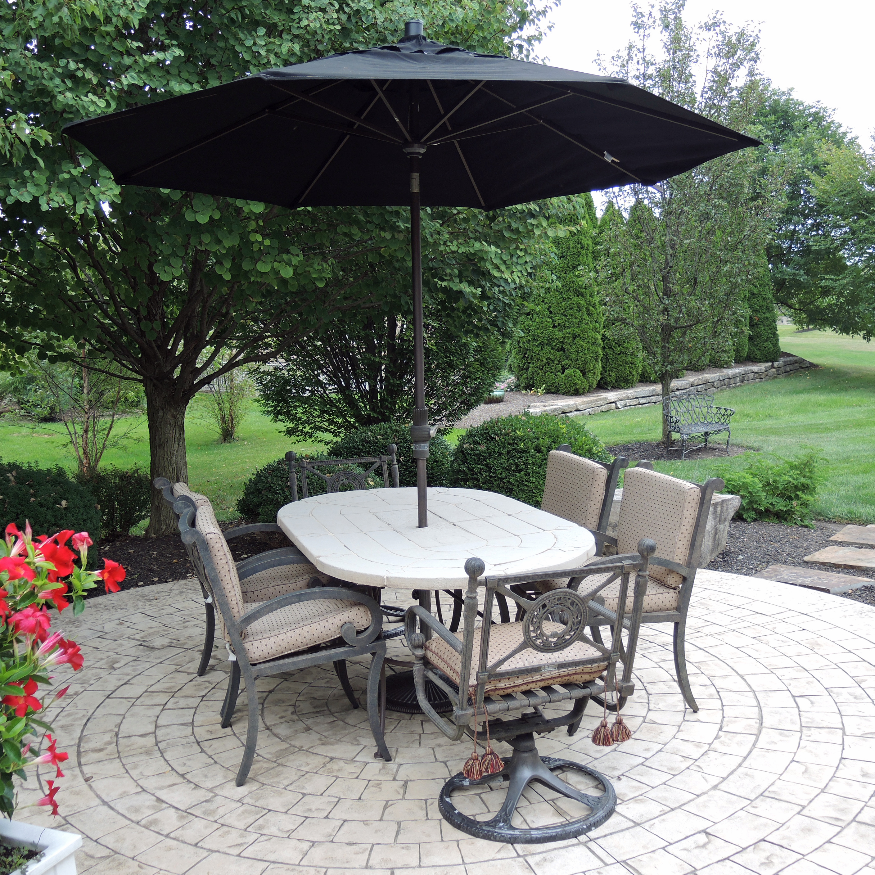 Landgrave Cast Classics Patio Dining Set with Cushions and Sunbrella Umbrella