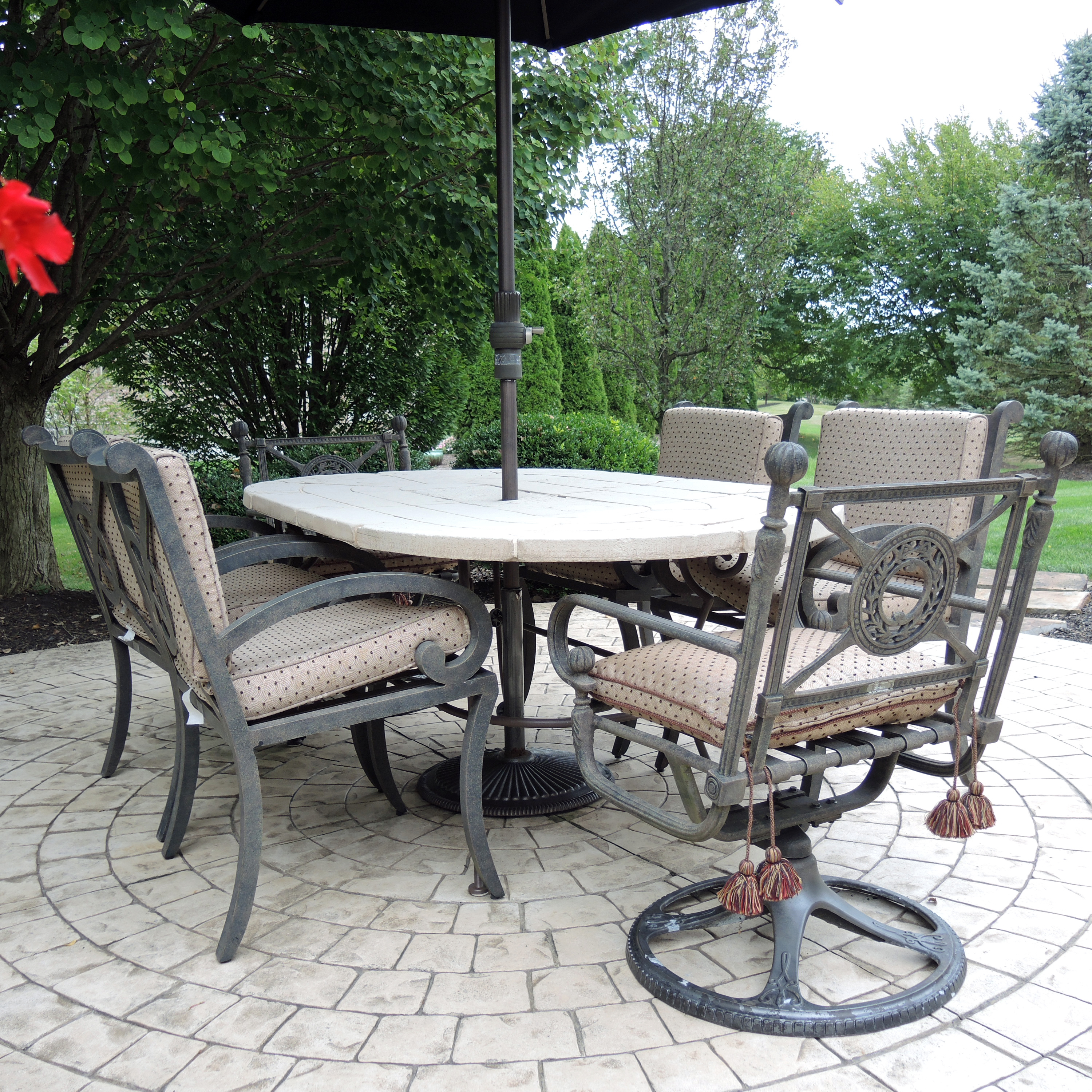 Landgrave Cast Classics Patio Dining Set with Cushions and Sunbrella Umbrella
