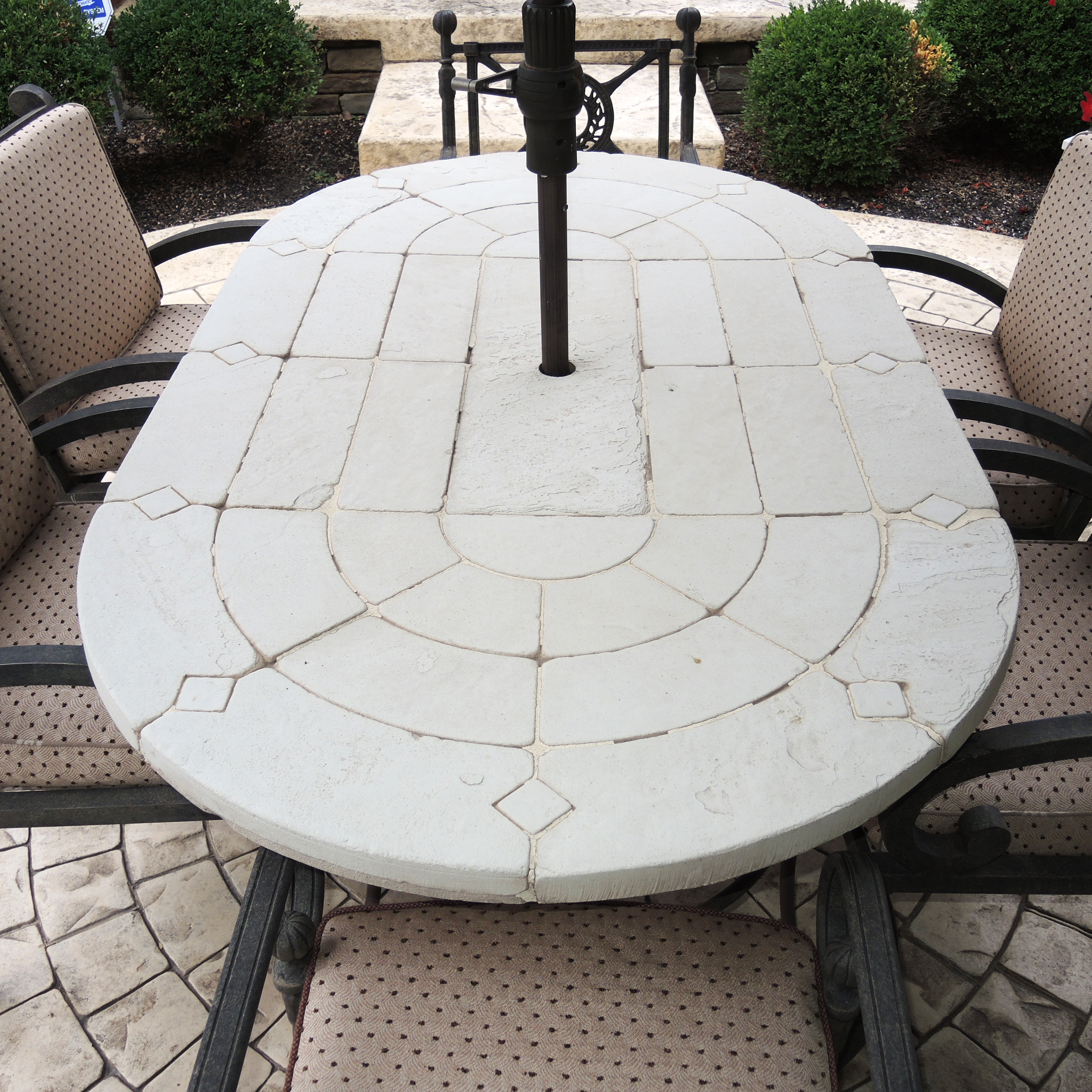 Landgrave Cast Classics Patio Dining Set with Cushions and Sunbrella Umbrella