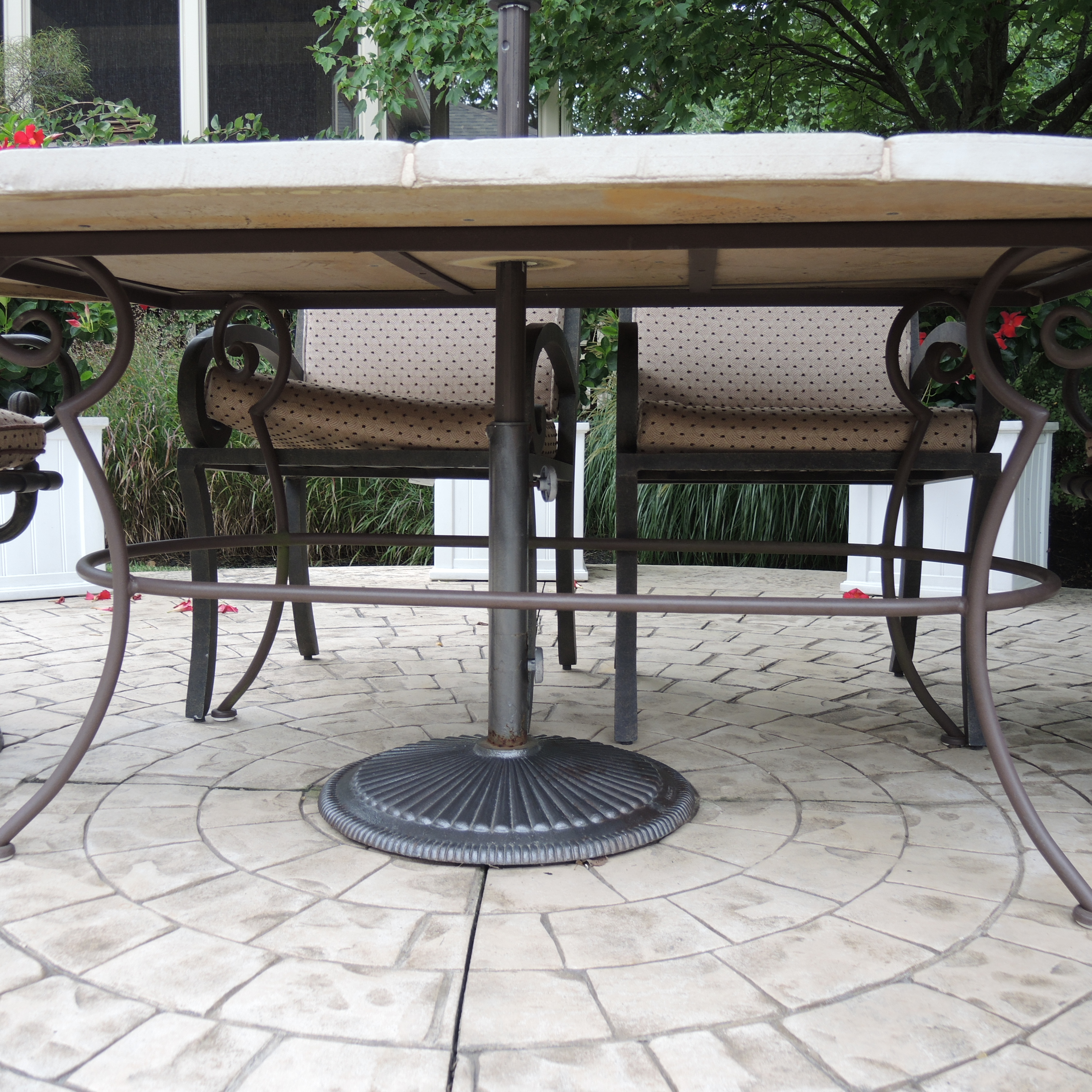 Landgrave Cast Classics Patio Dining Set with Cushions and Sunbrella Umbrella