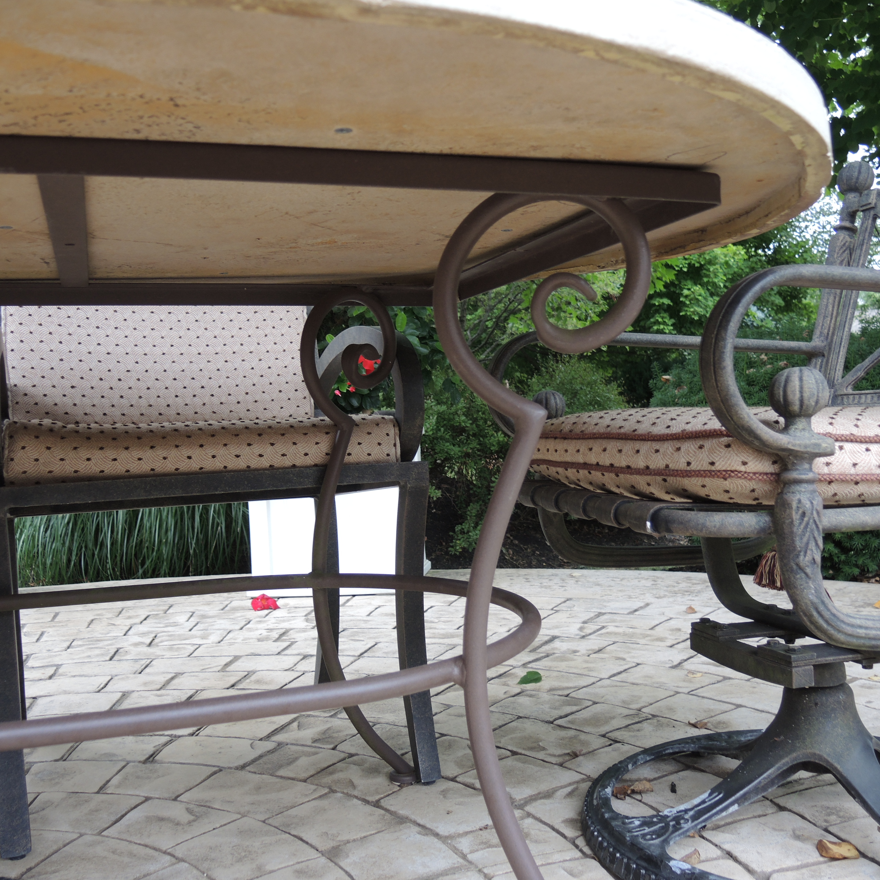 Landgrave Cast Classics Patio Dining Set with Cushions and Sunbrella Umbrella