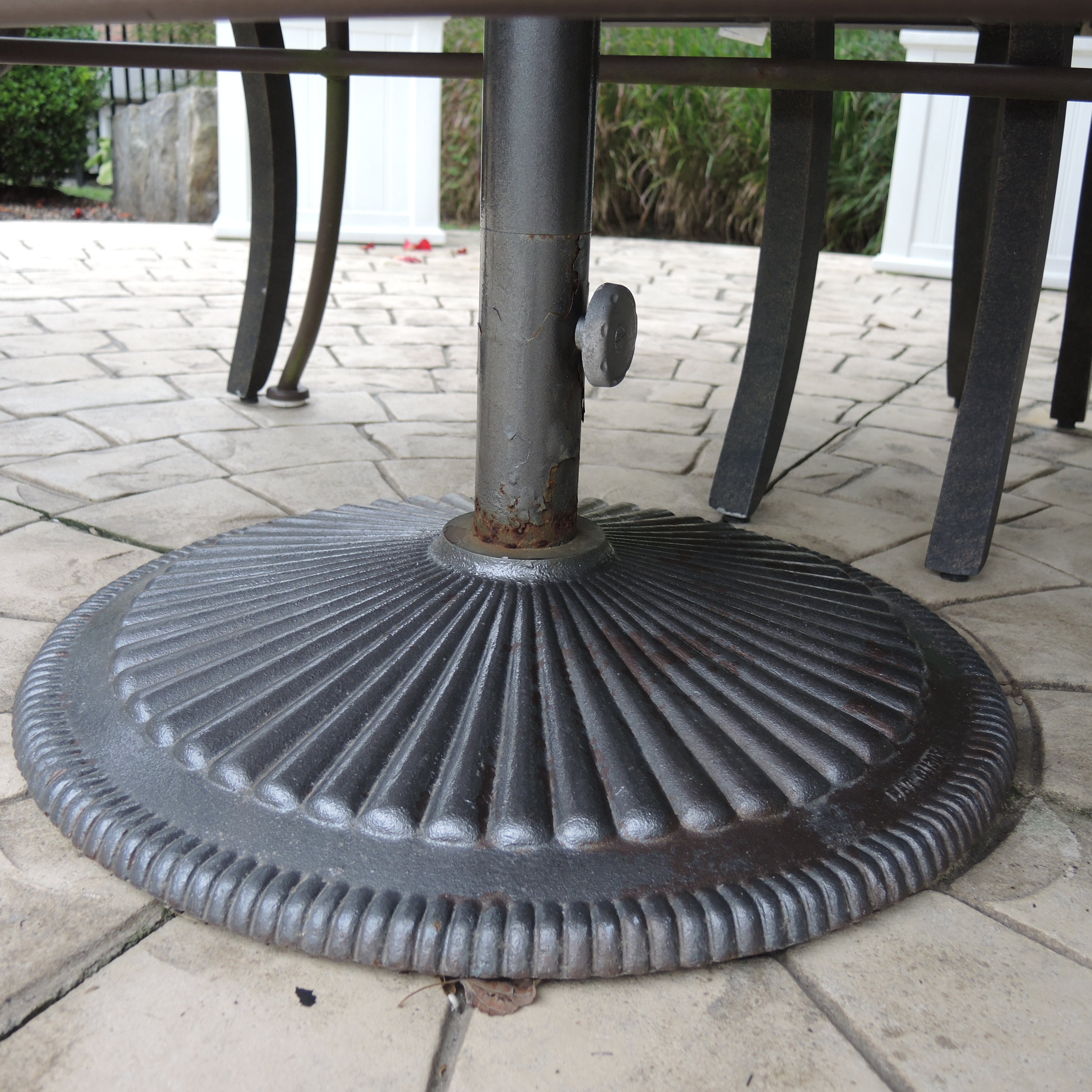 Landgrave Cast Classics Patio Dining Set with Cushions and Sunbrella Umbrella