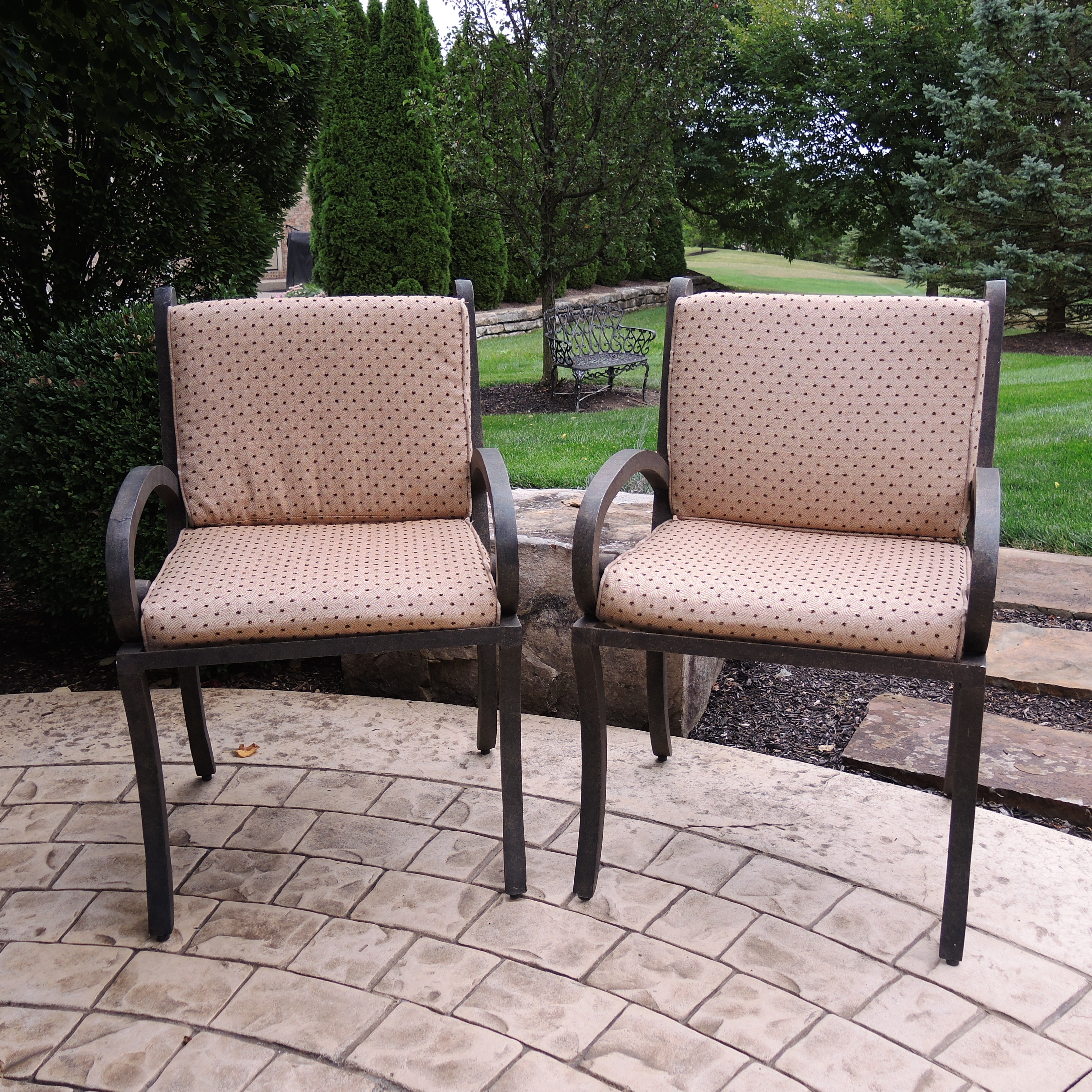 Landgrave Cast Classics Patio Dining Set with Cushions and Sunbrella Umbrella