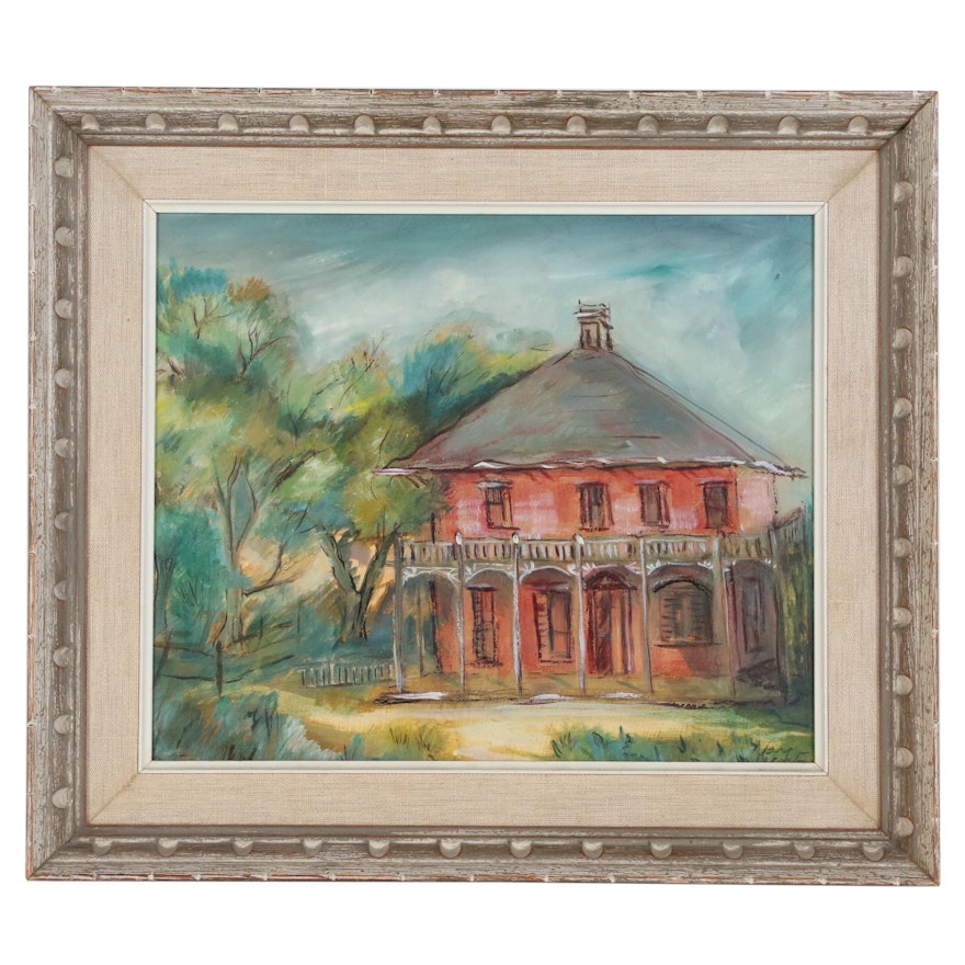 Kay West Acrylic Painting of Red House, Late 20th Century