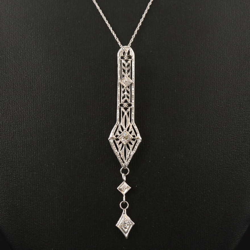 Art Deco 14K Drop Pendant Necklace with Platinum and Palladium Accents